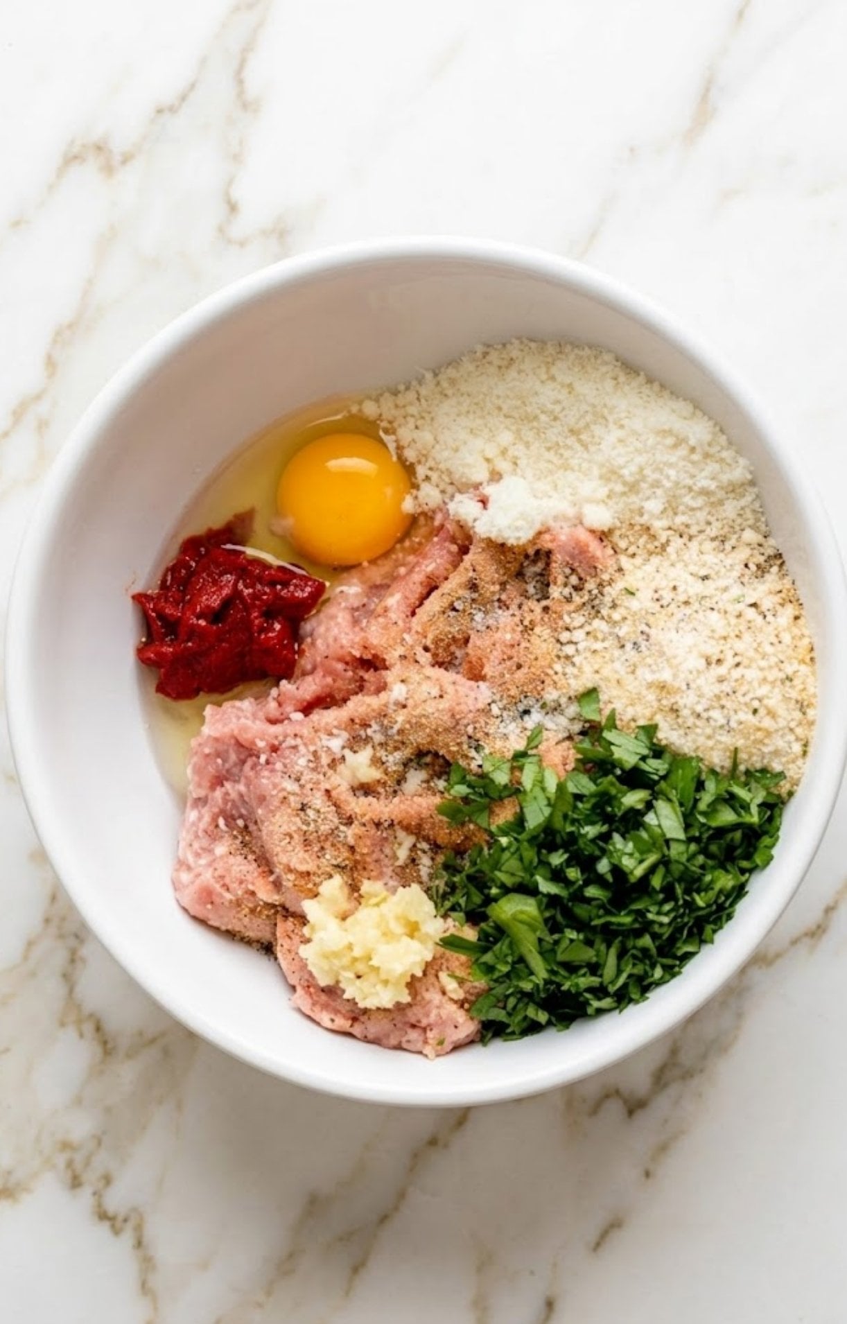 A white mixing bowl containing ground turkey topped with an egg, tomato paste, minced garlic, breadcrumbs, parmesan, and chopped parsley.