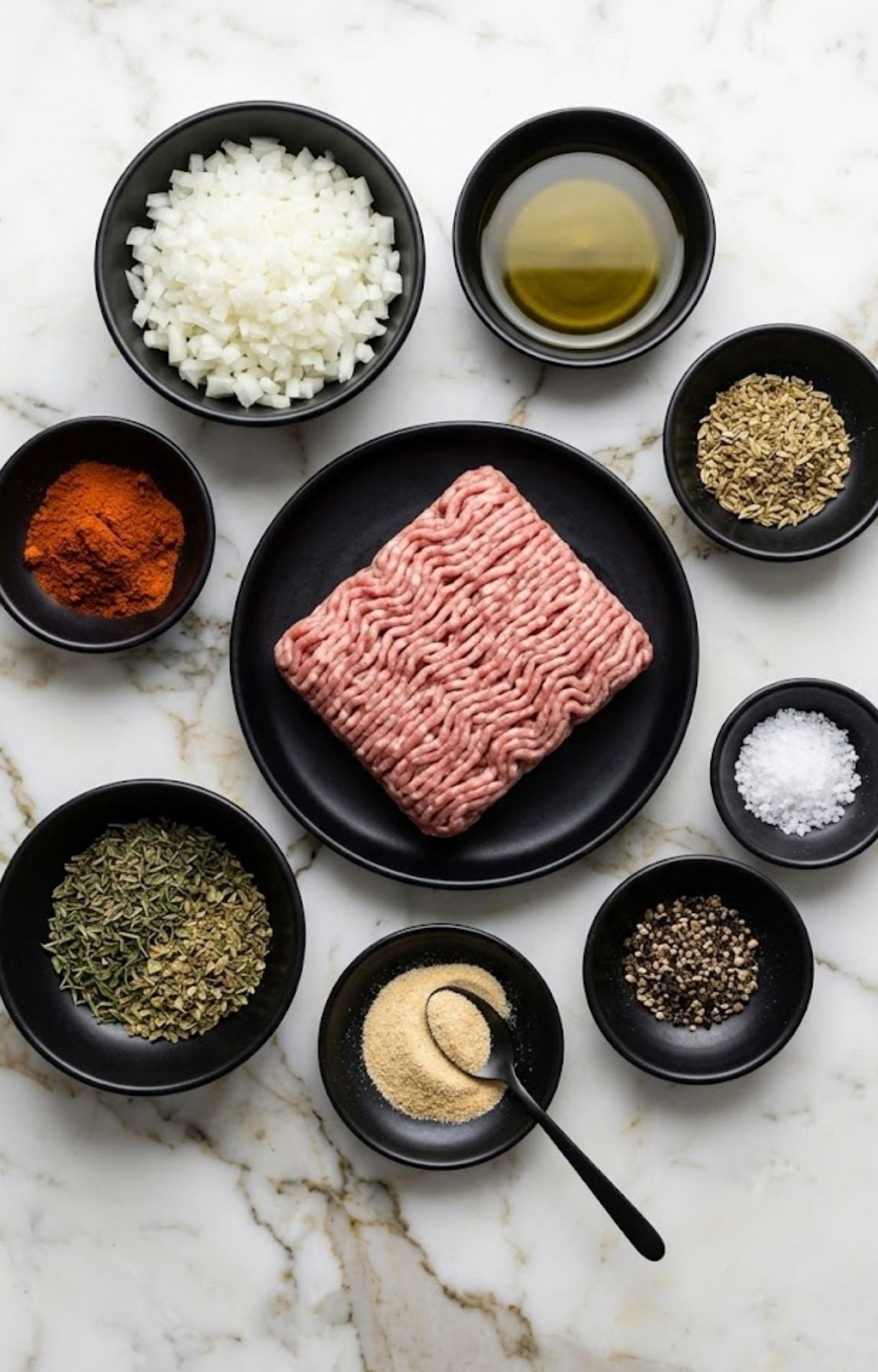 Top-down flat-lay of recipe ingredients: ground pork on a black plate surrounded by small black bowls of diced onions, olive oil, fennel seeds, salt, peppercorns, garlic powder, dried herbs, and paprika on white Carrara marble.