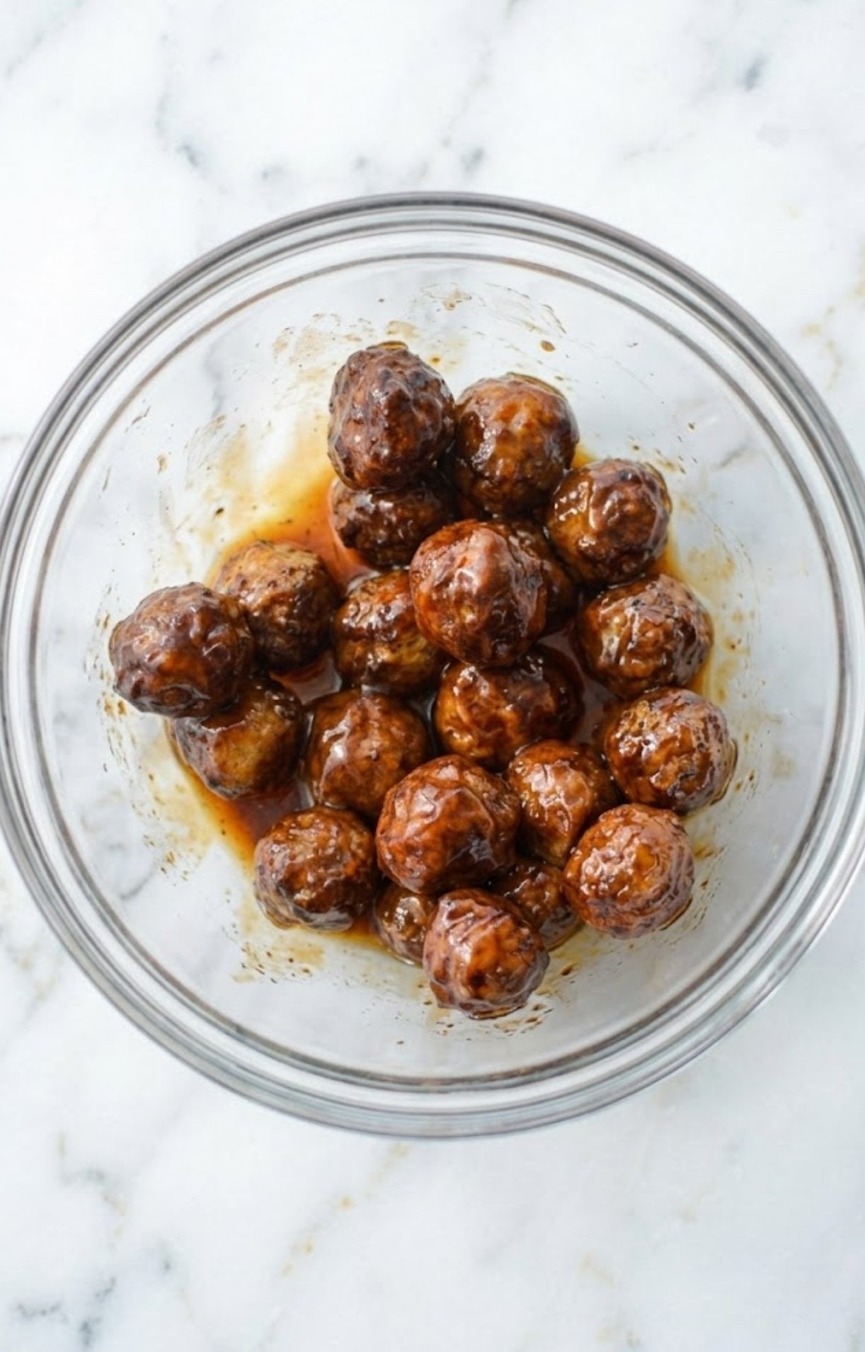 A clear glass bowl containing several meatballs thoroughly coated in a savory brown sauce for frozen meatballs air fryer.