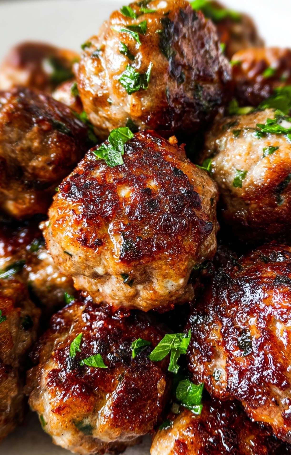 An extreme close-up of a single air-fried meatball showing the seared, caramelized outer crust and fresh herb garnish.