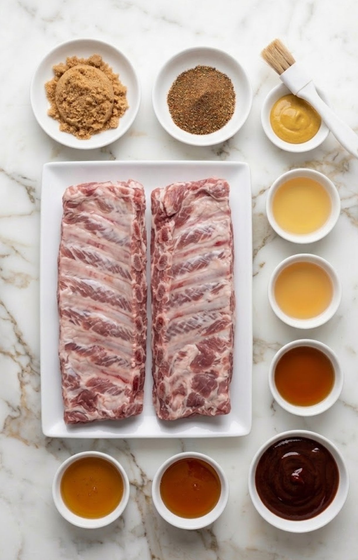Flat lay of ingredients for a Pellet Smoker Ribs Recipe including raw ribs, brown sugar, spices, mustard, apple cider vinegar, honey, and BBQ sauce on a marble surface.