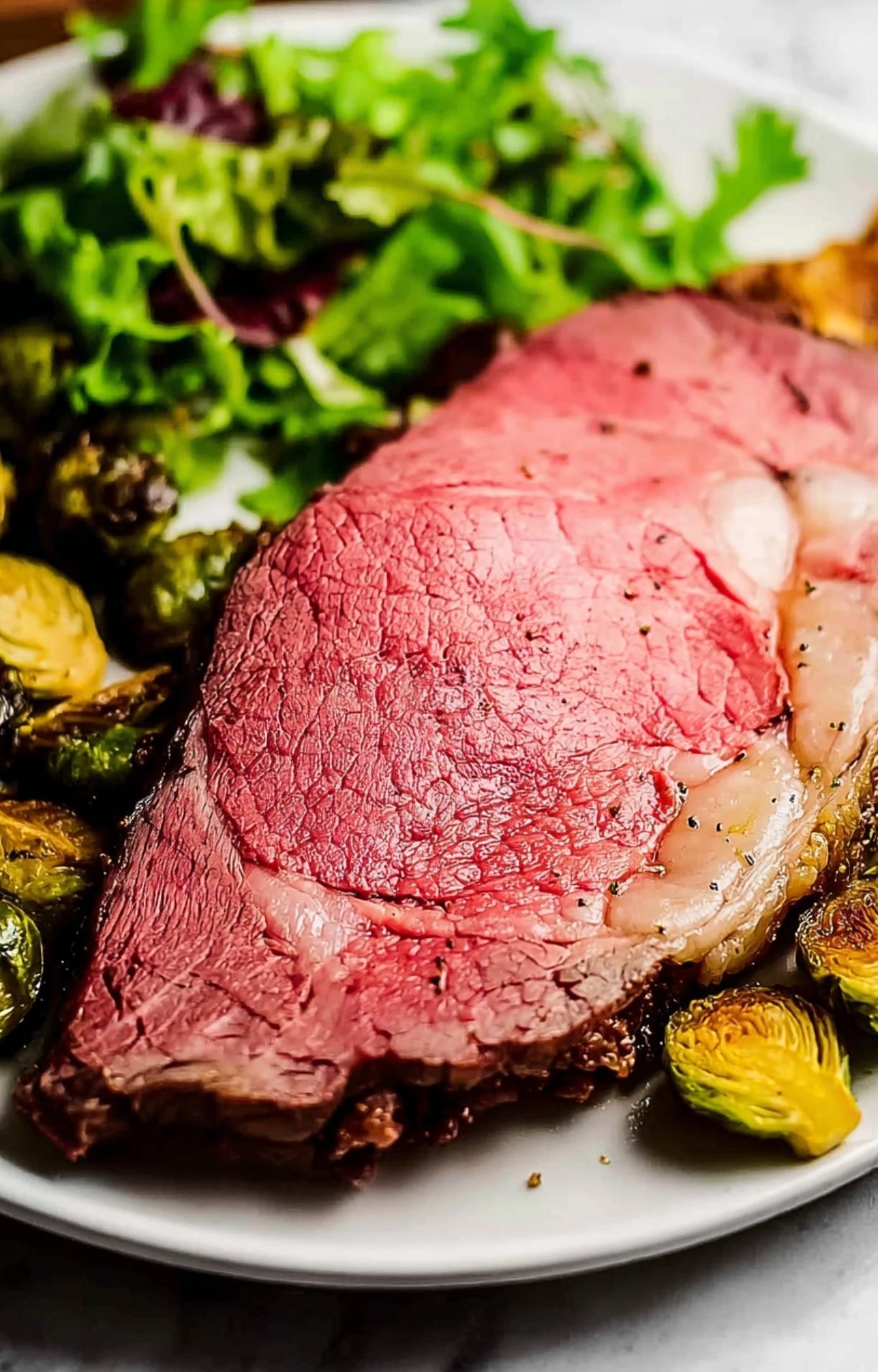 A close-up shot of a tender slice of pink prime rib served alongside roasted Brussels sprouts and a fresh green salad.