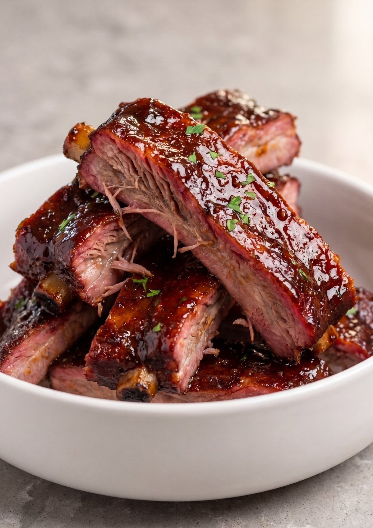 Pit Boss pellet smoker rib recipe with sliced ribs in a bowl showing juicy tender meat and smoky glaze