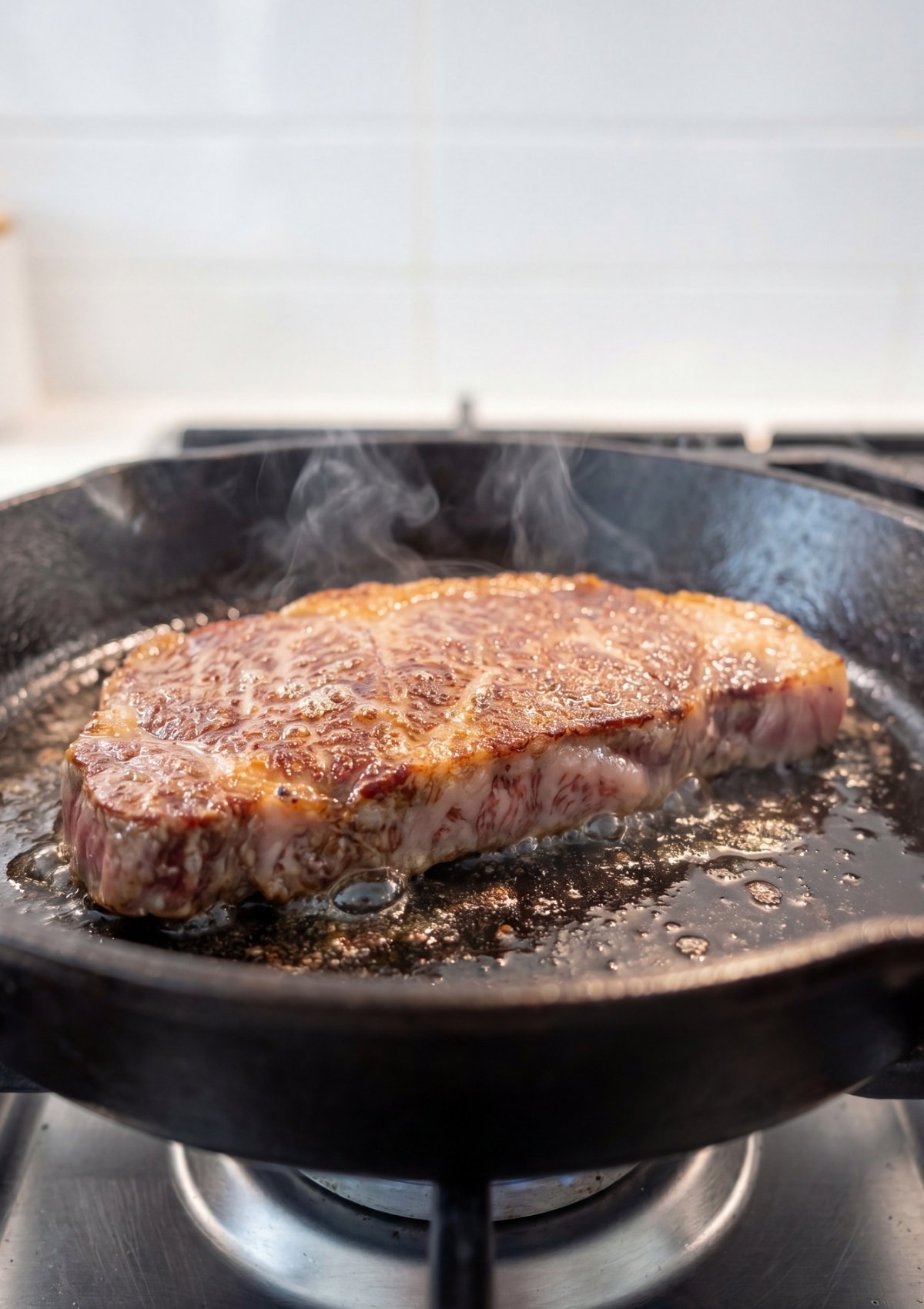 Japanese A5 wagyu beef recipe steak searing in hot skillet with butter sizzling easy pan seared steak method