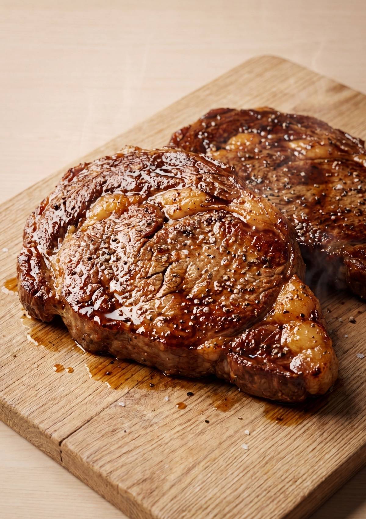 Two cooked Wagyu ribeye steaks resting on a wooden cutting board to allow juices to redistribute before slicing.