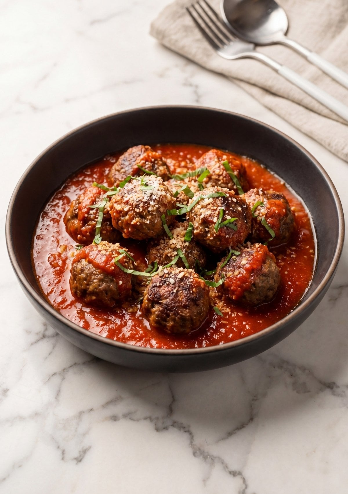 plated wagyu beef meatballs with marinara sauce parmesan and fresh herbs easy italian dinner idea