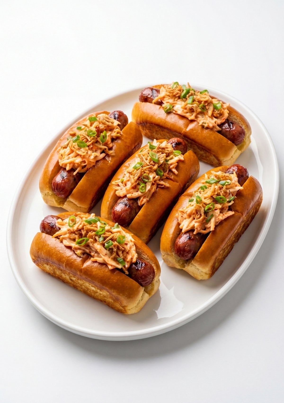 Wagyu beef hot dogs topped with kimchi slaw and green onions on soft buns easy gourmet hot dog recipe