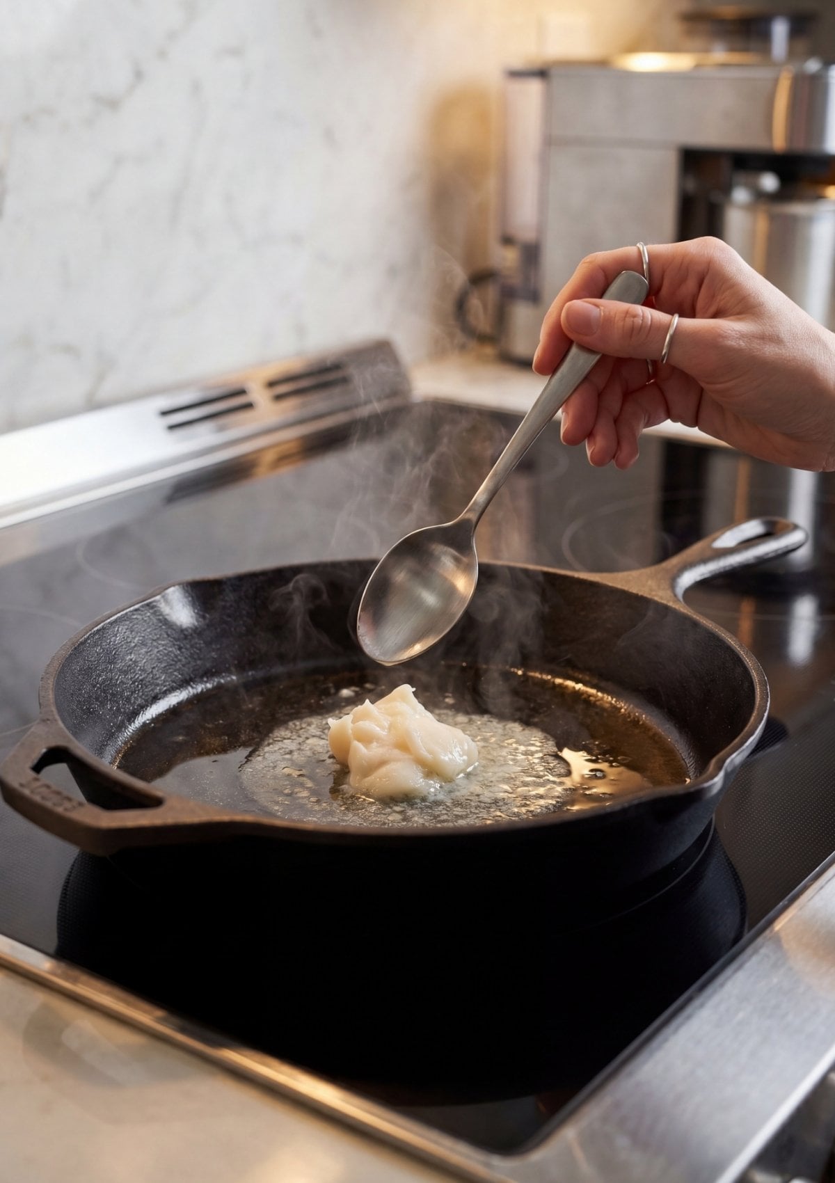 wagyu beef fat melting in skillet showing step by step wagyu beef tallow recipe process