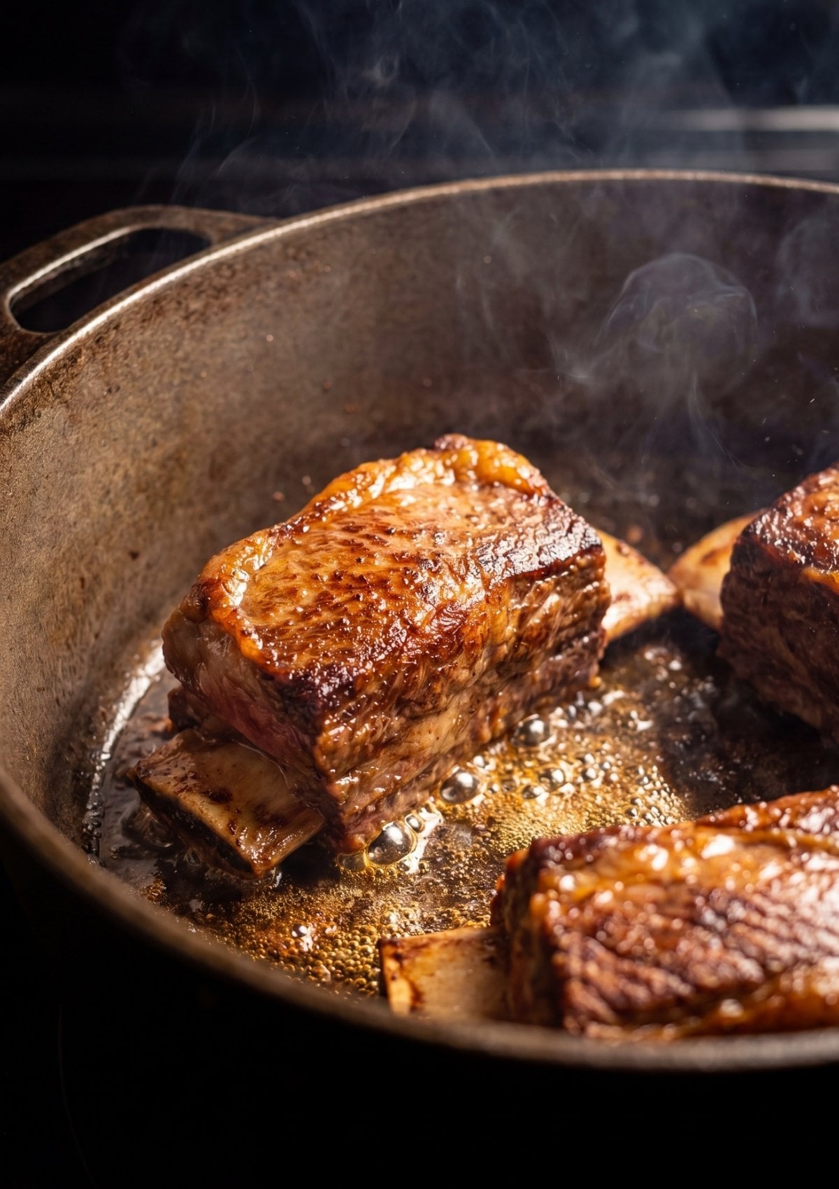 wagyu beef short ribs searing in pan for braised wagyu beef short ribs recipe