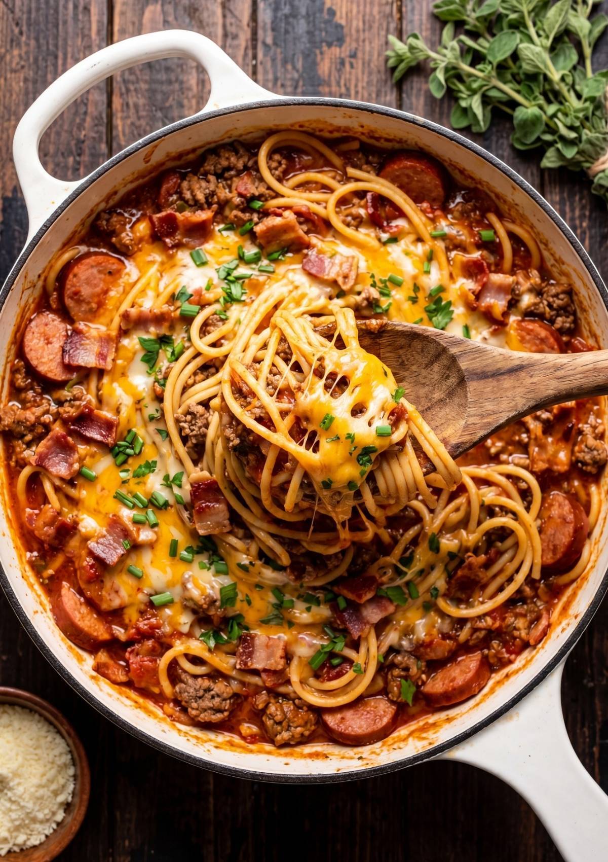 cheesy cowboy spaghetti bite with melted cheddar bacon and sausage hearty pasta dinner