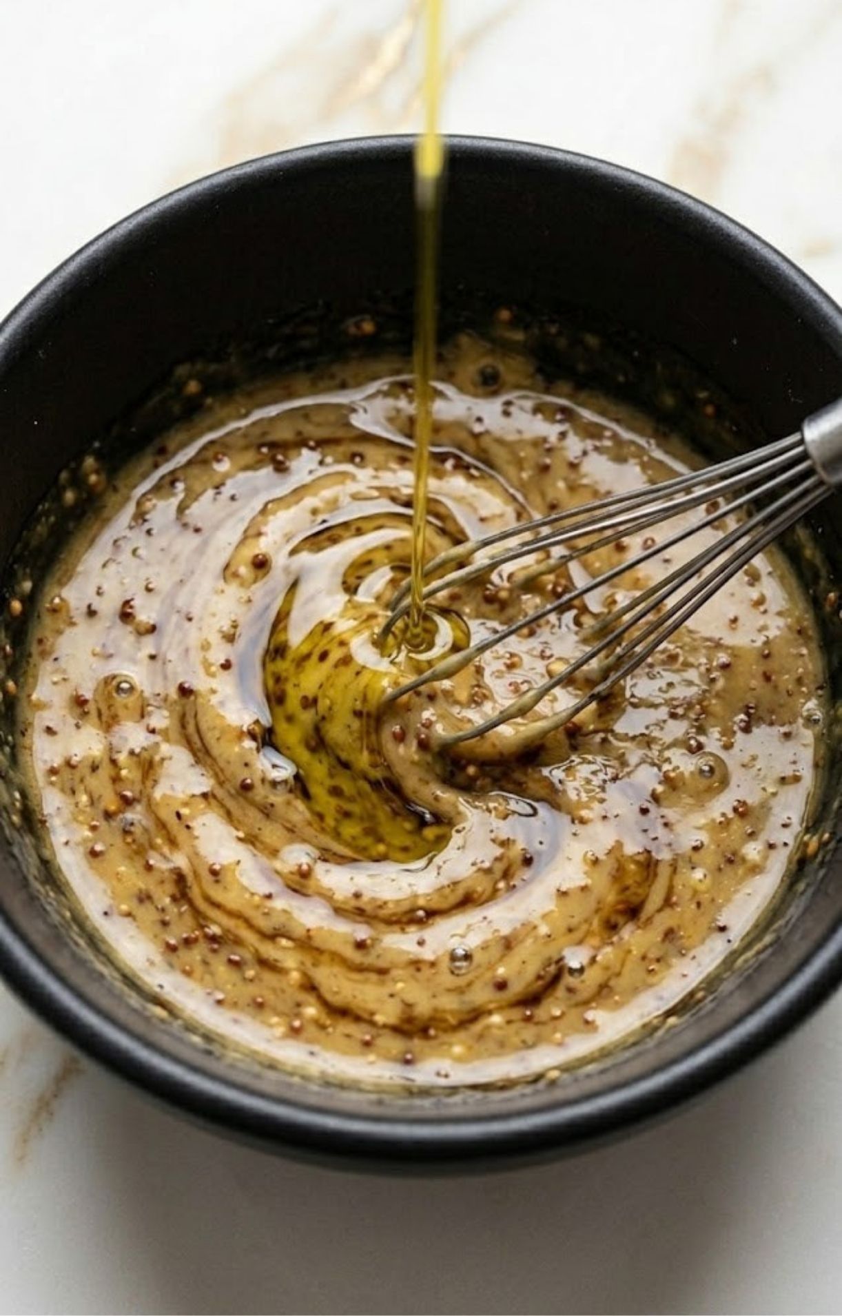 A metal whisk blending olive oil into the mustard and vinegar base to emulsify the steak salad dressing recipe.