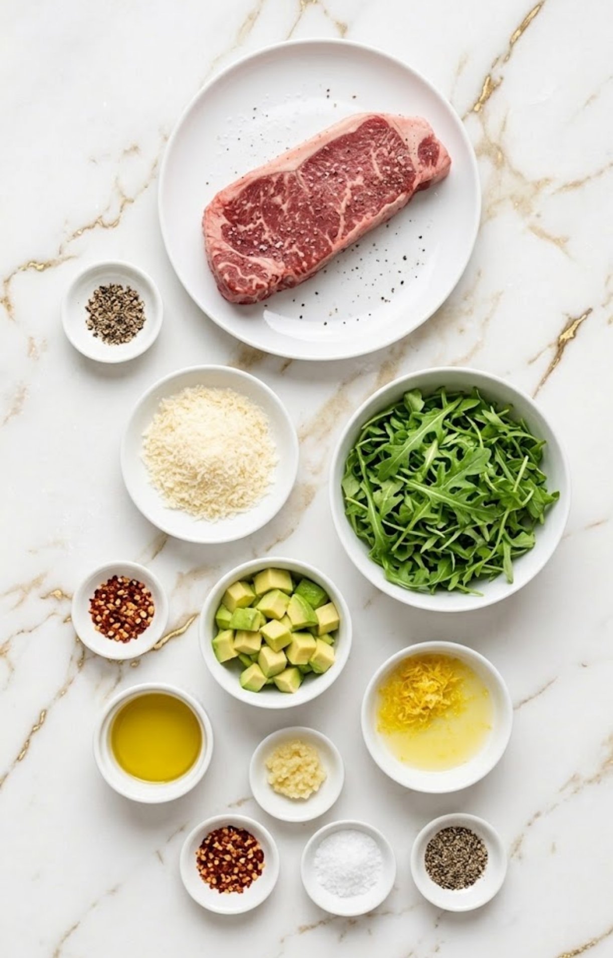 An overhead view of ingredients including a raw New York strip steak, fresh arugula, diced avocado, grated Parmesan, lemon zest, olive oil, garlic, and spices.