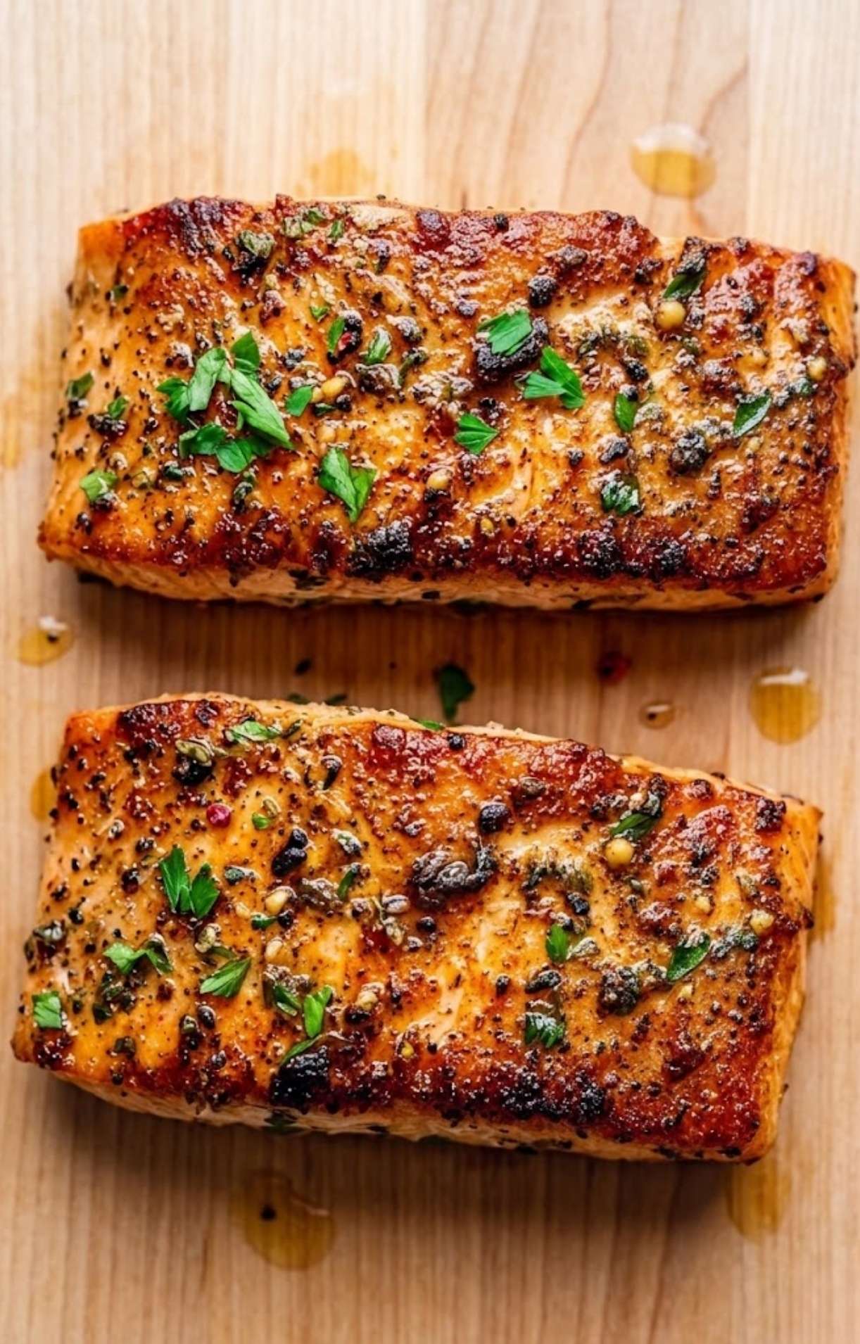 Two beautifully seared salmon fillets from an easy air fryer salmon recipe, topped with fresh herbs on a wooden board.