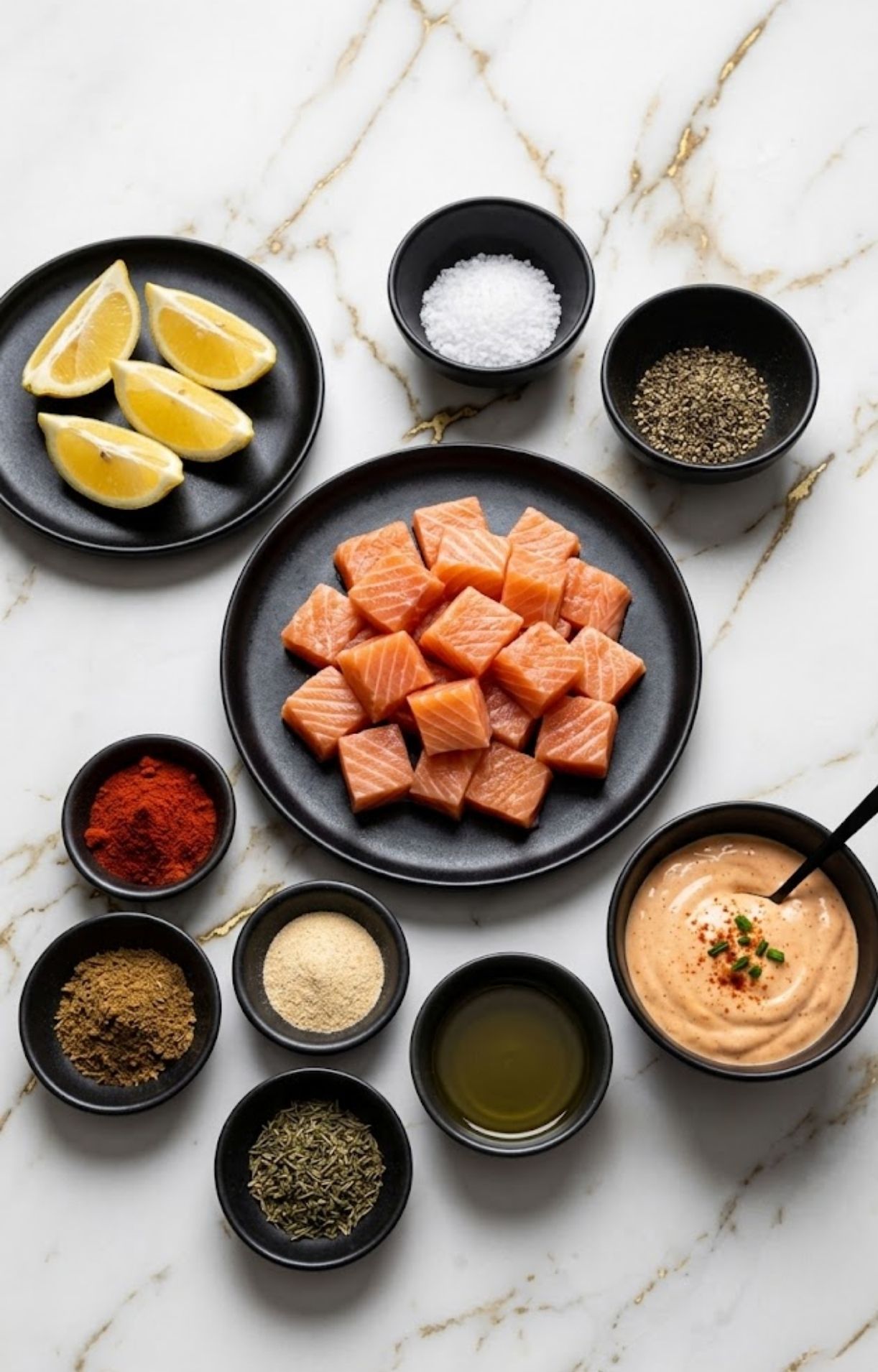 An organized flat-lay display of ingredients on a marble surface, including salmon cubes, lemon wedges, oil, various spices, salt, and a pre-mixed dipping sauce.