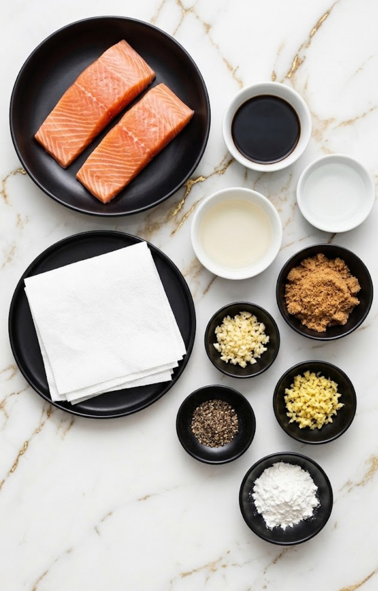Overhead view of salmon fillets, soy sauce, honey, garlic, ginger, and spices on a marble surface.