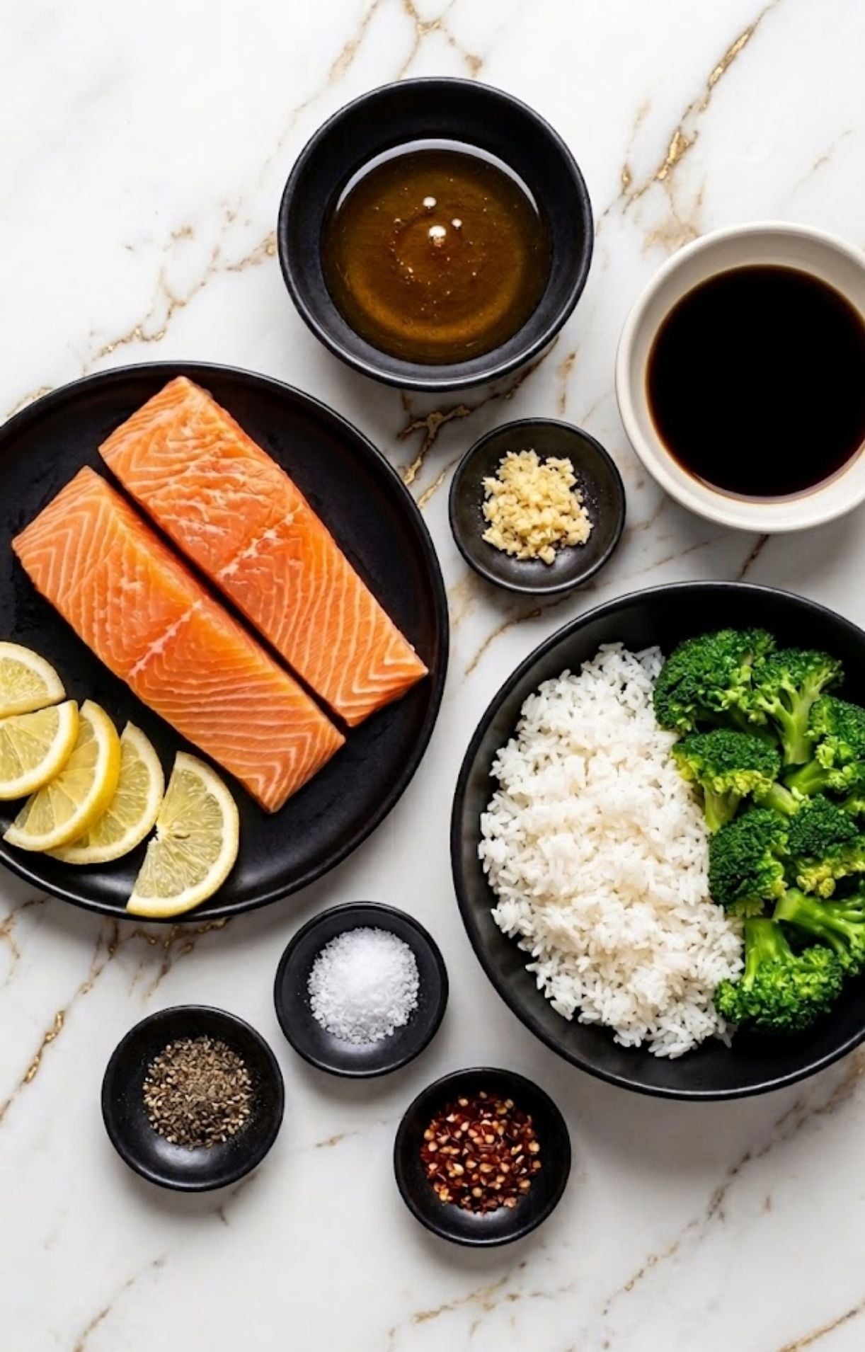 A flat-lay arrangement of ingredients for honey garlic salmon, including two raw salmon fillets, lemon slices, honey, soy sauce, minced garlic, white rice, steamed broccoli, salt, black pepper, and chili flakes.