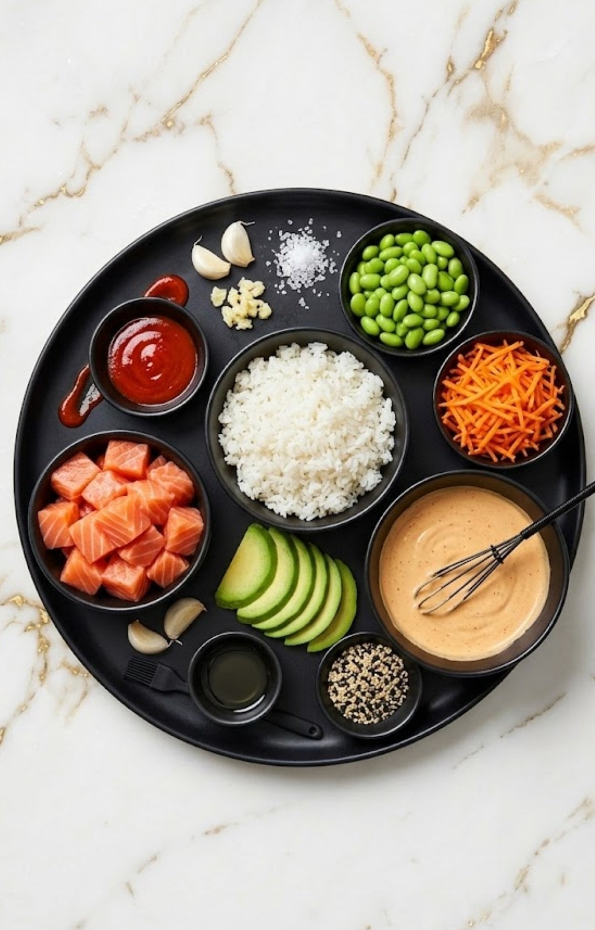 A flat-lay arrangement of ingredients including cubed salmon, rice, avocado, carrots, edamame, garlic, and spicy mayo sauce.