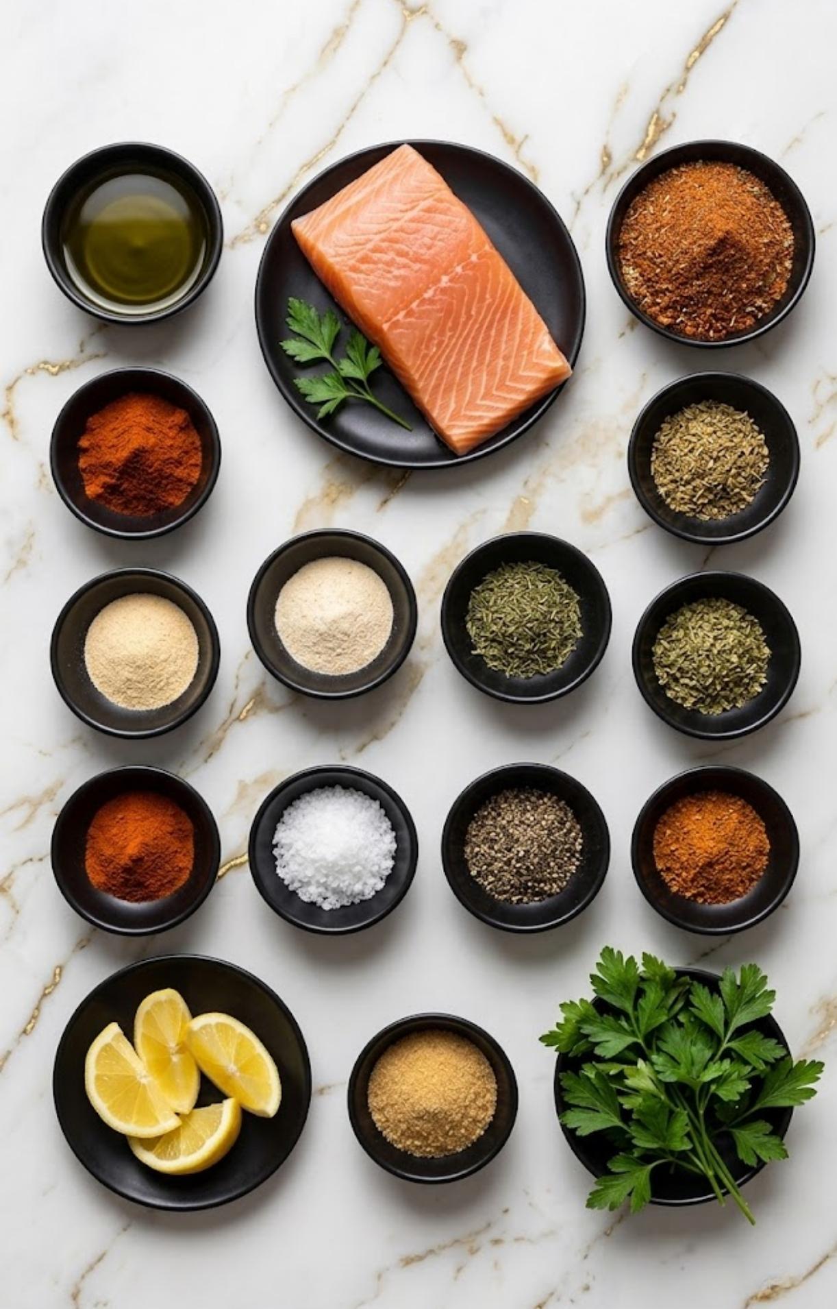 A top-down view of a fresh salmon fillet surrounded by small black bowls containing olive oil, lemon wedges, fresh parsley, and a variety of dry spices like paprika, garlic powder, and herbs.