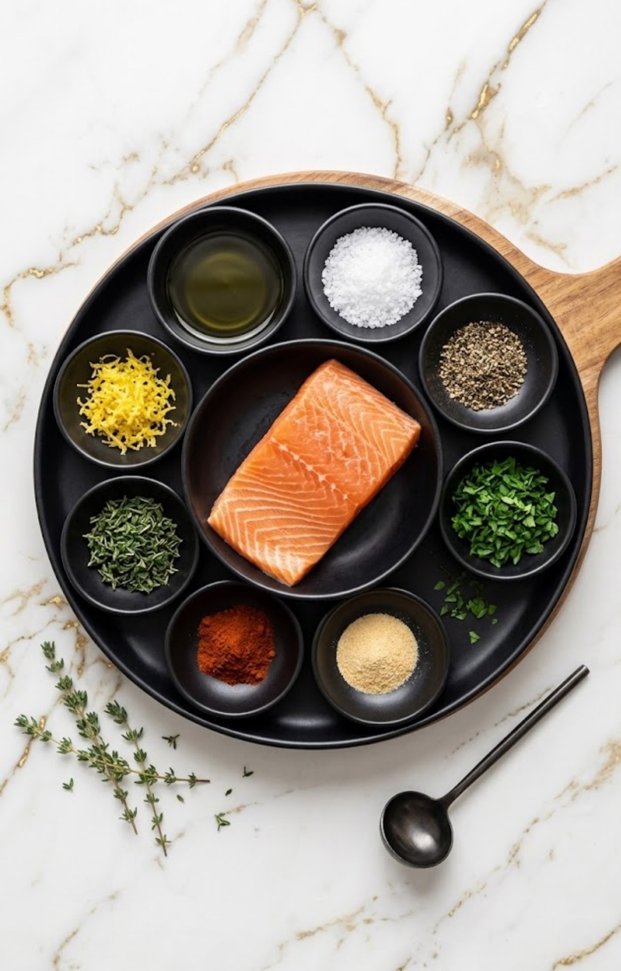 A top-down view of a salmon fillet surrounded by small bowls of olive oil, salt, pepper, lemon zest, herbs, and spices.