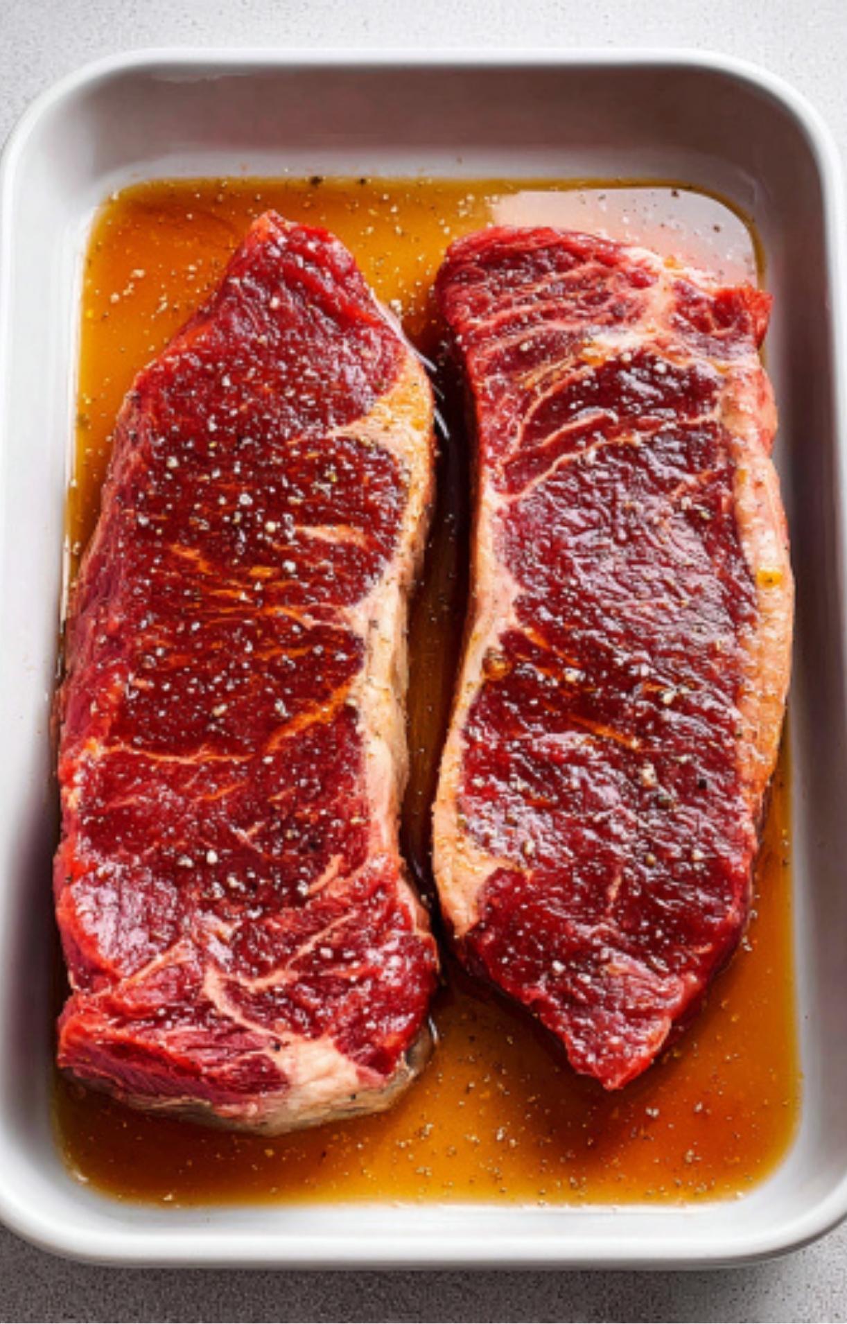 Two raw ribeye steaks soaking in a savory brown soy-based marinade within a white ceramic rectangular dish.