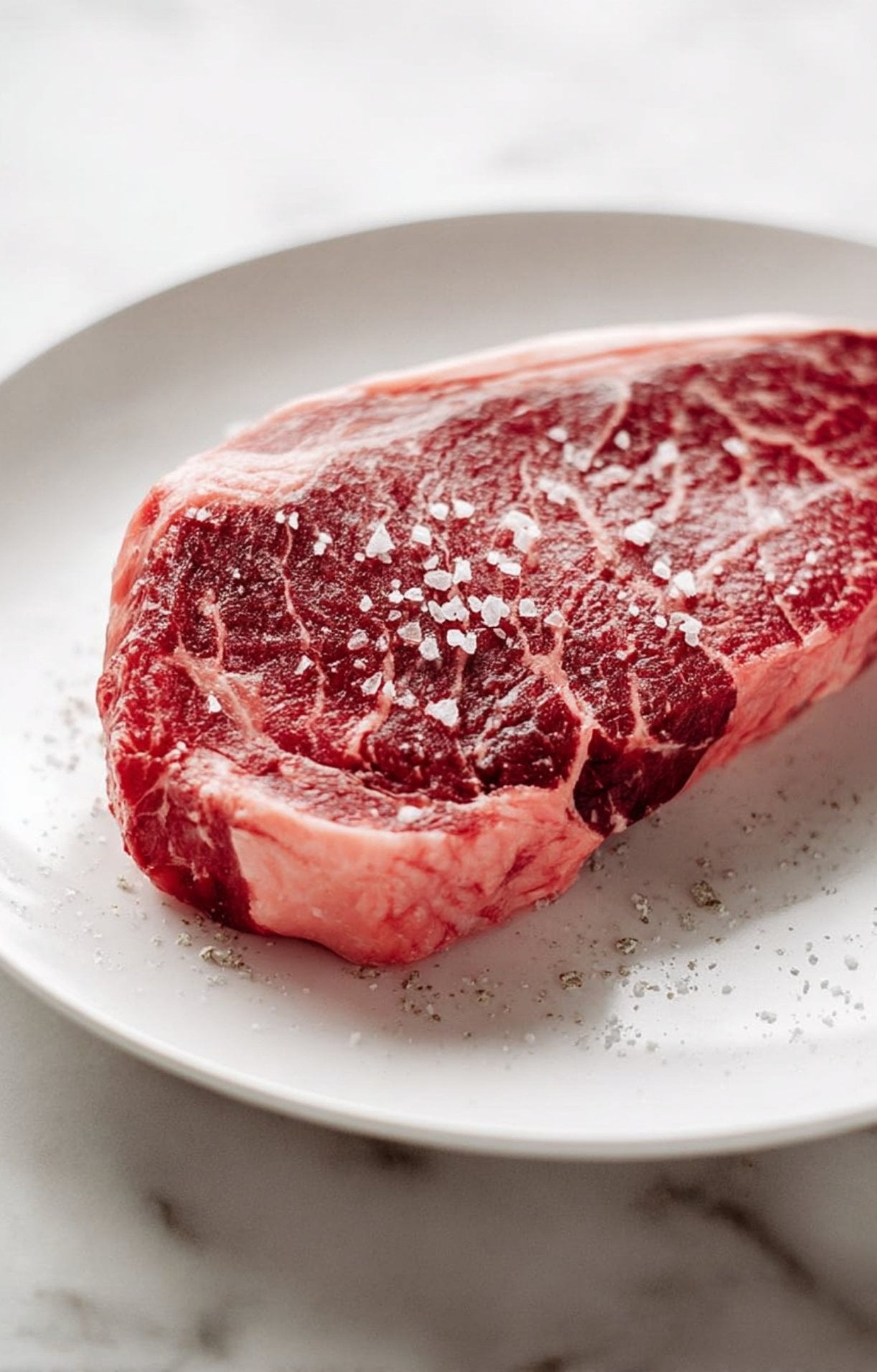 A raw, marbled beef steak resting on a white plate, generously seasoned with coarse sea salt and cracked black pepper.