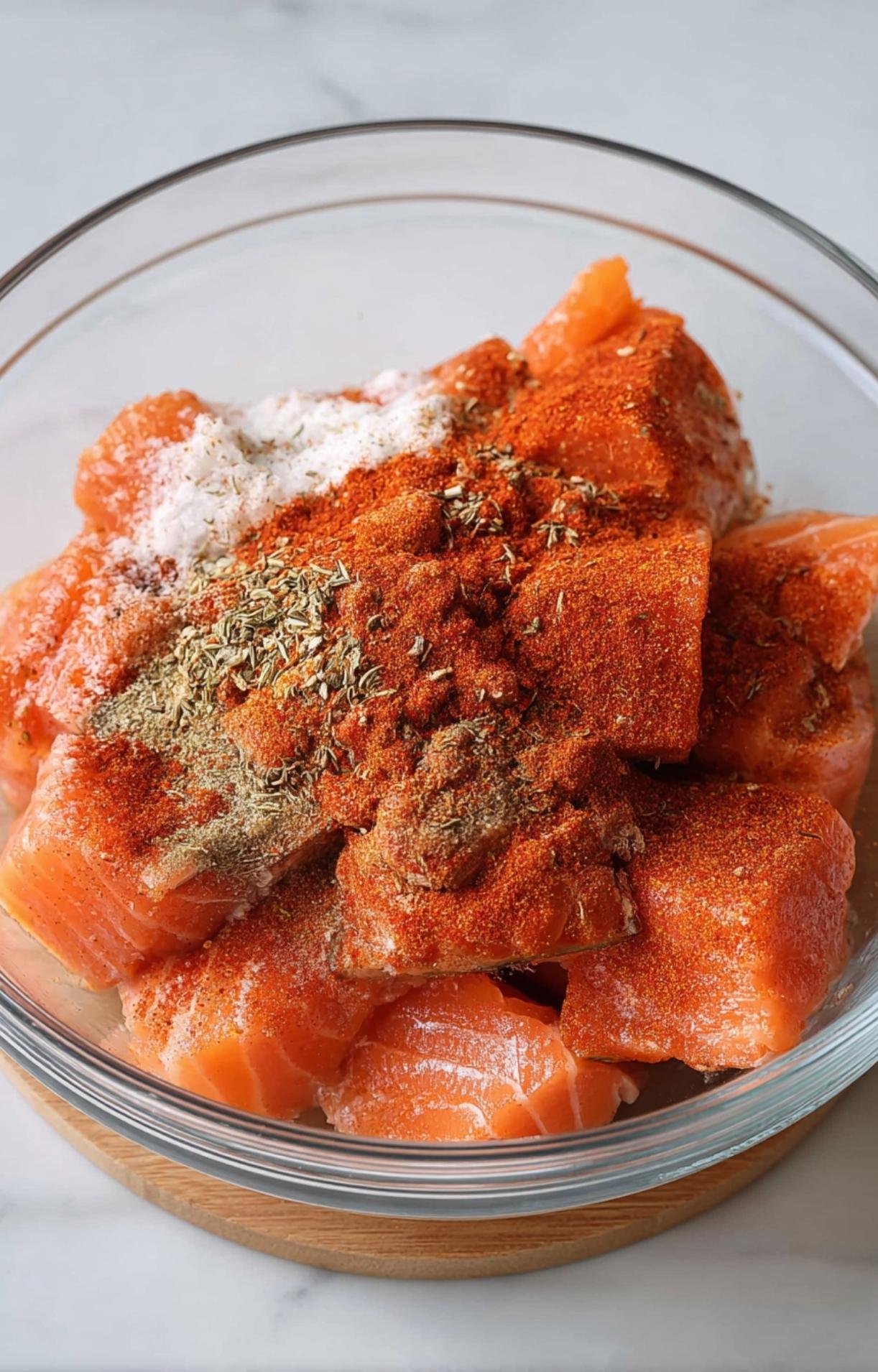 Fresh, raw salmon chunks in a clear glass bowl being coated with a vibrant blend of spices including paprika, dried herbs, salt, and pepper to prepare Air Fryer Salmon Bites.