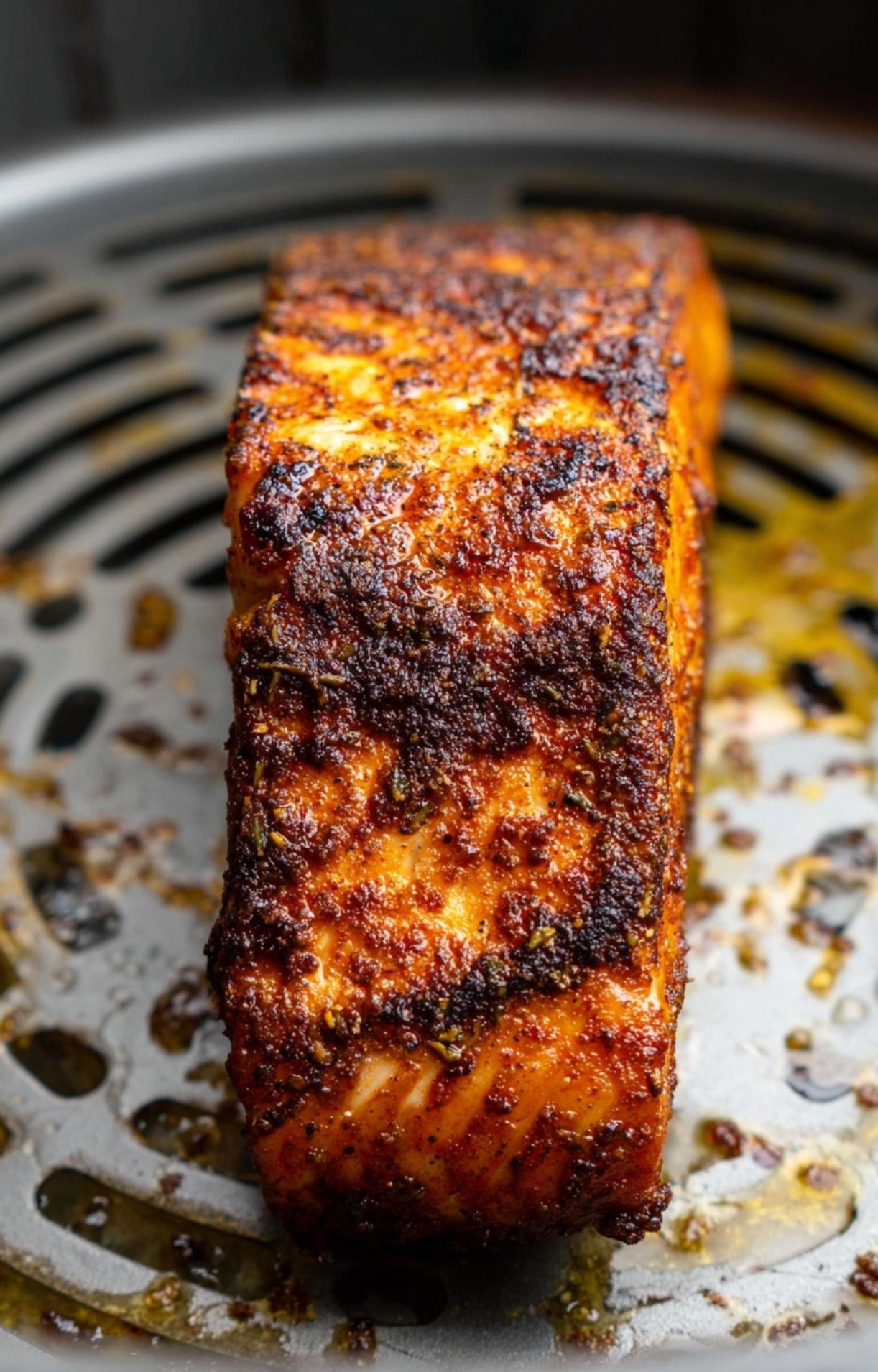 A close-up shot of a fully cooked salmon fillet in an air fryer, featuring a deeply browned, crispy spice crust.