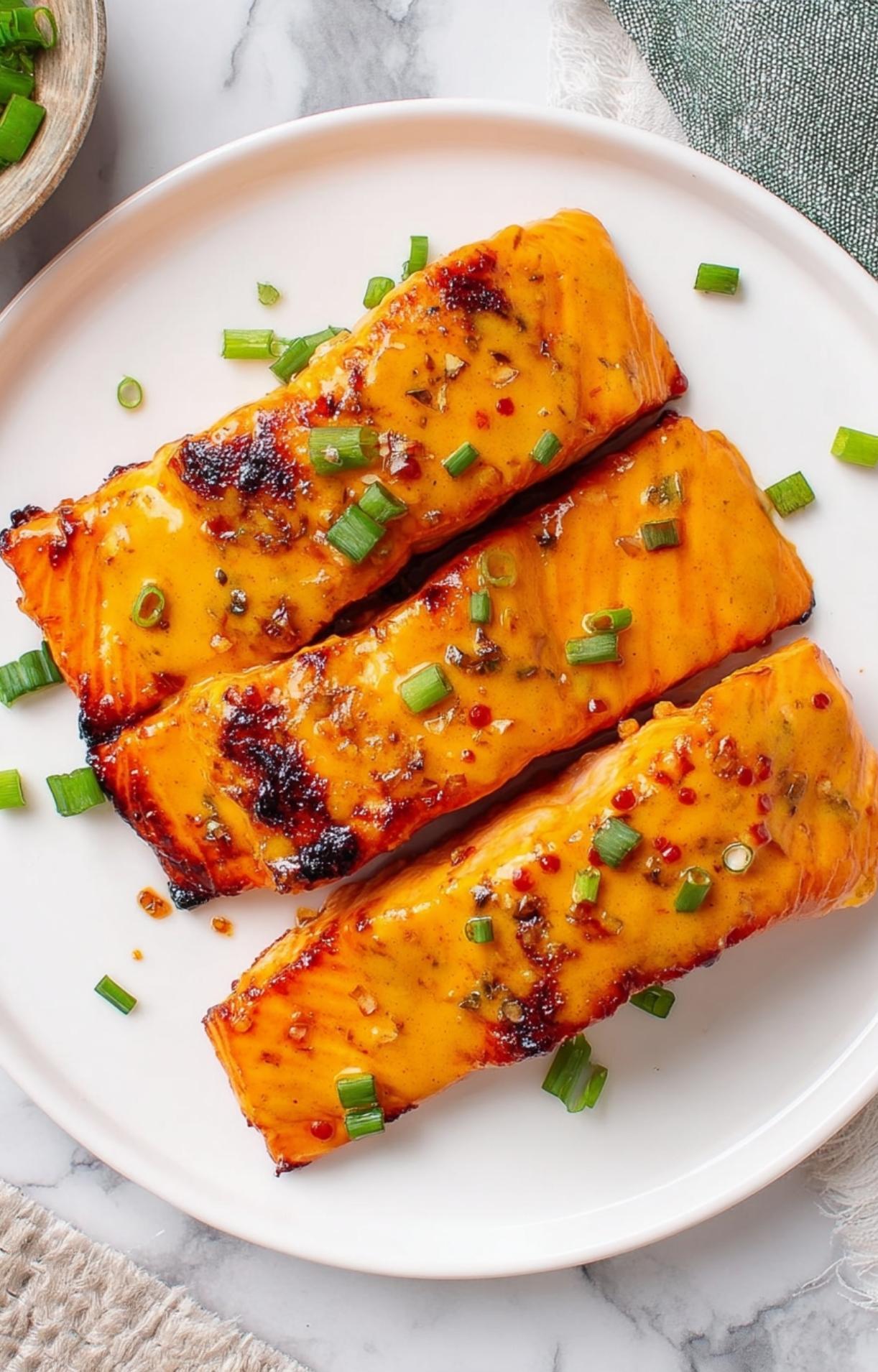 A top-down view of three air-fried salmon fillets topped with scallions.