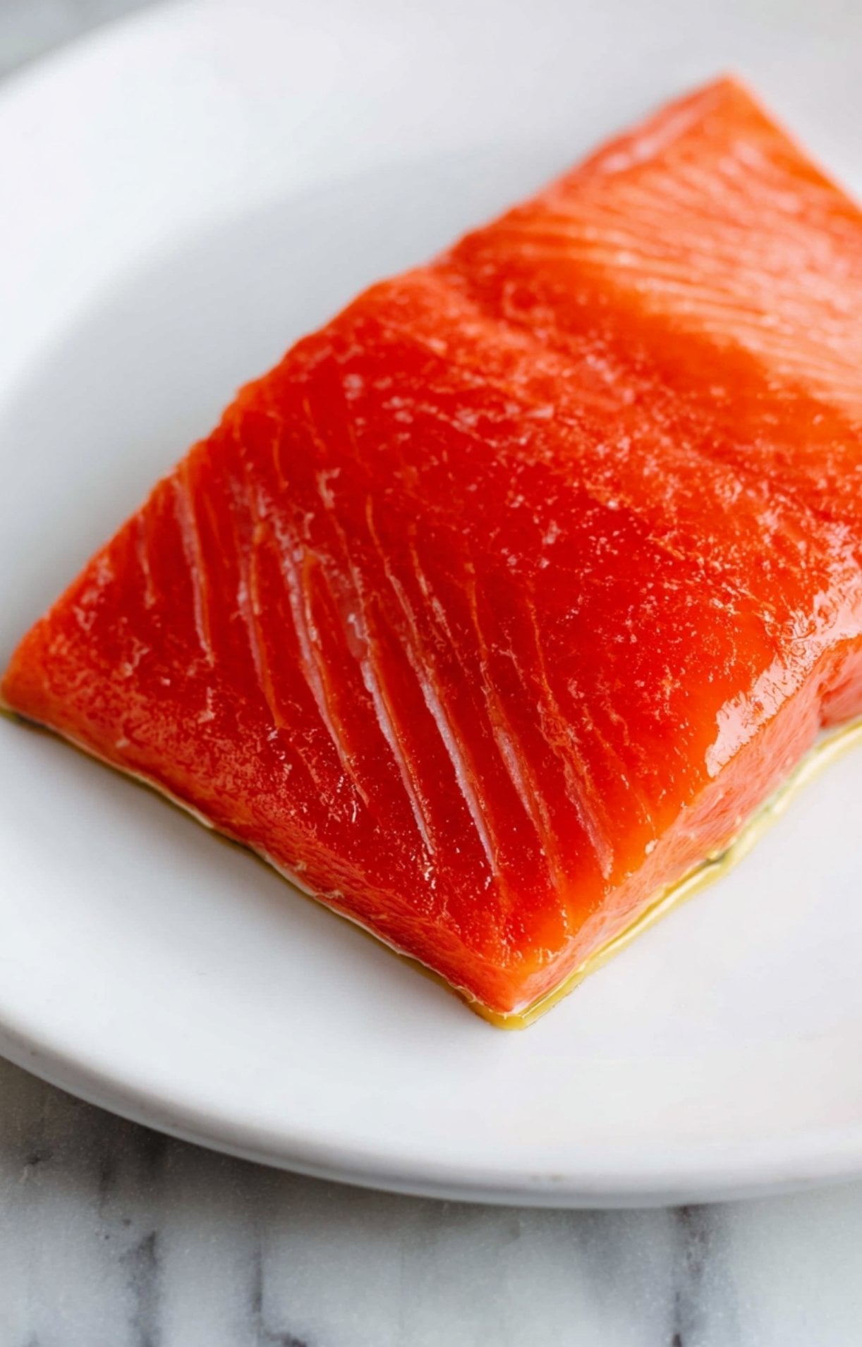 A raw sockeye salmon fillet resting on a white plate, lightly coated in oil before air frying.