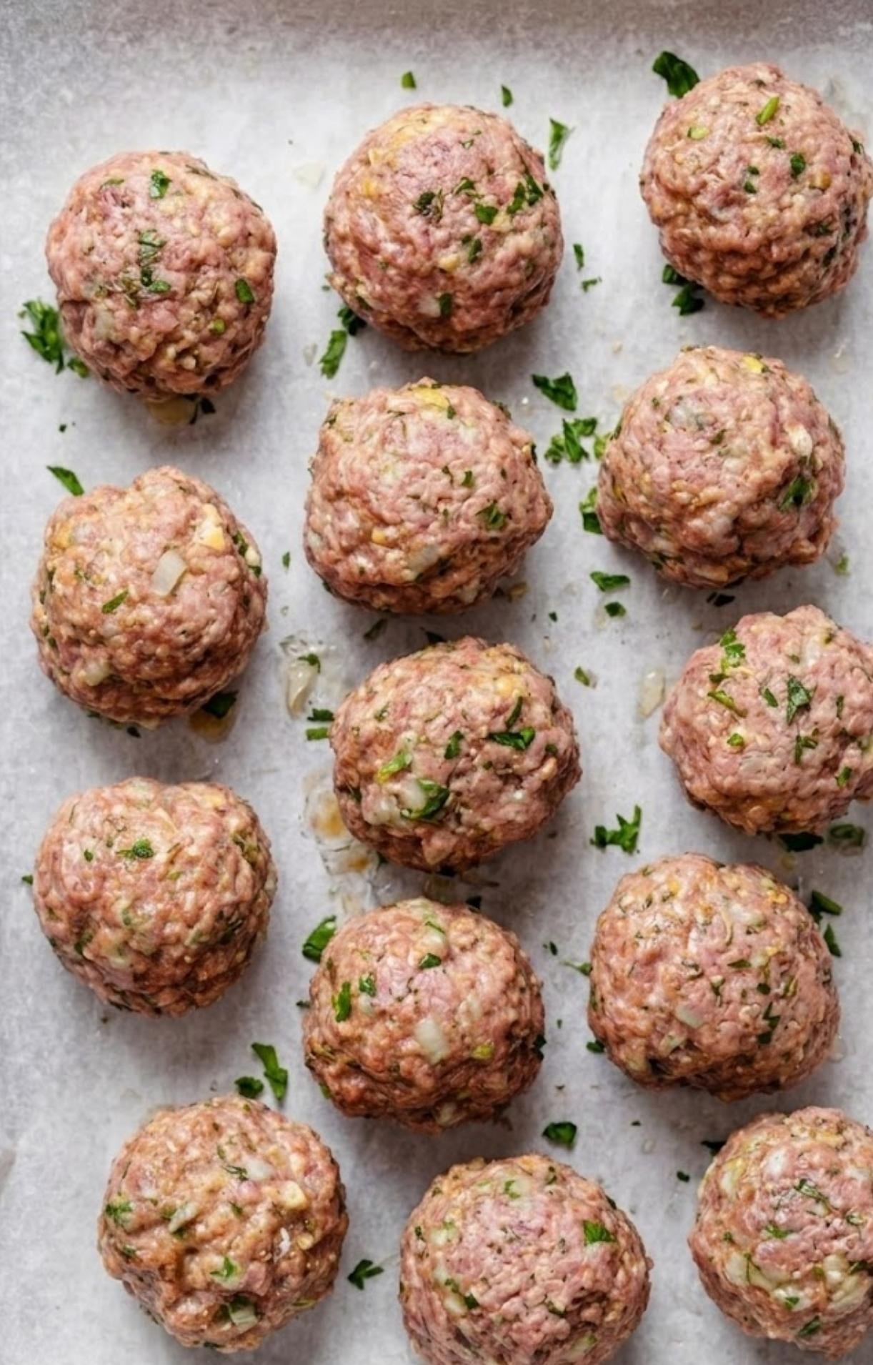 Rows of hand-rolled raw beef meatballs sitting on parchment paper before air frying.