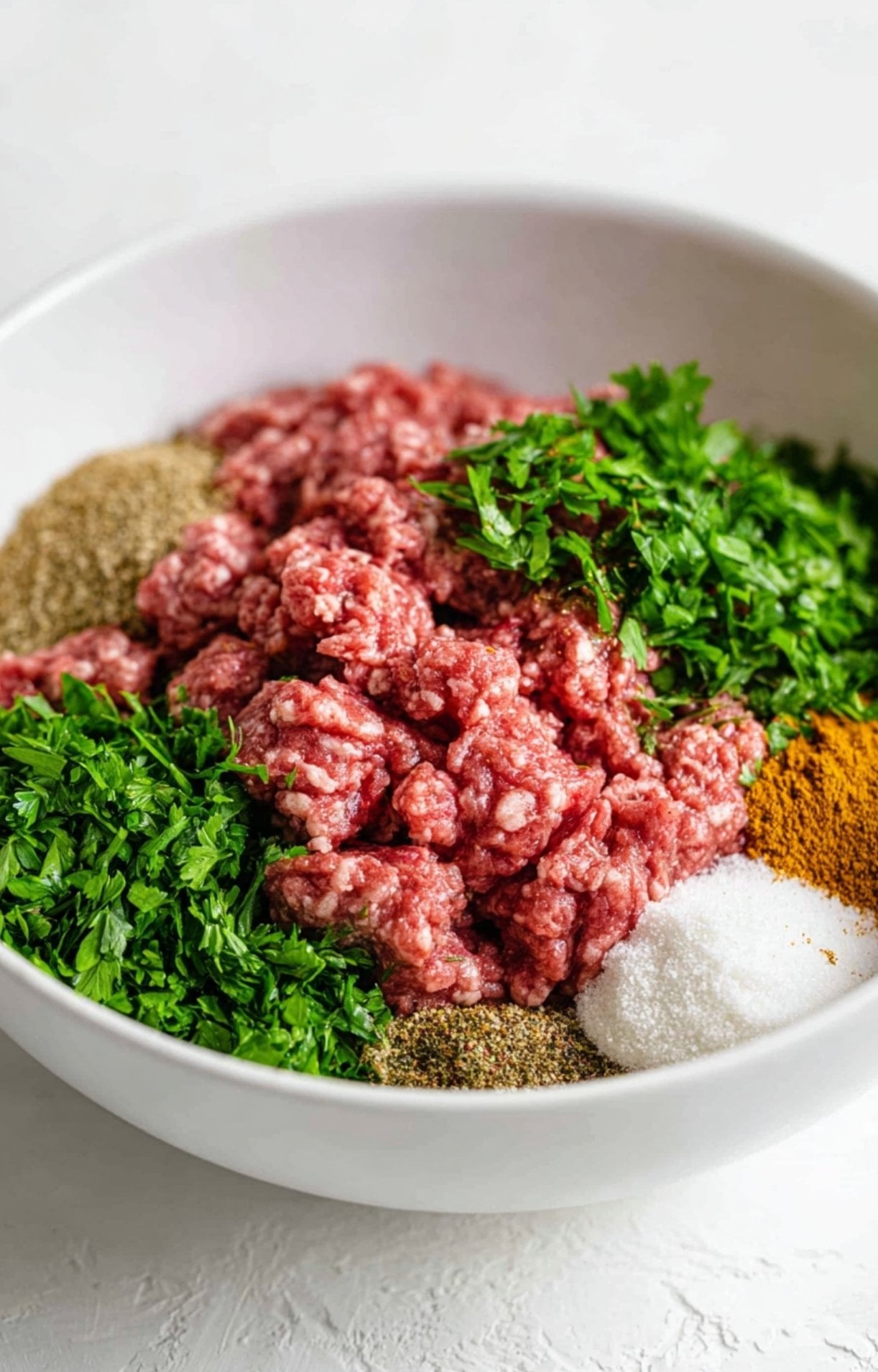 A white mixing bowl containing ground lamb topped with fresh chopped parsley, sea salt, and Mediterranean spices before being combined.