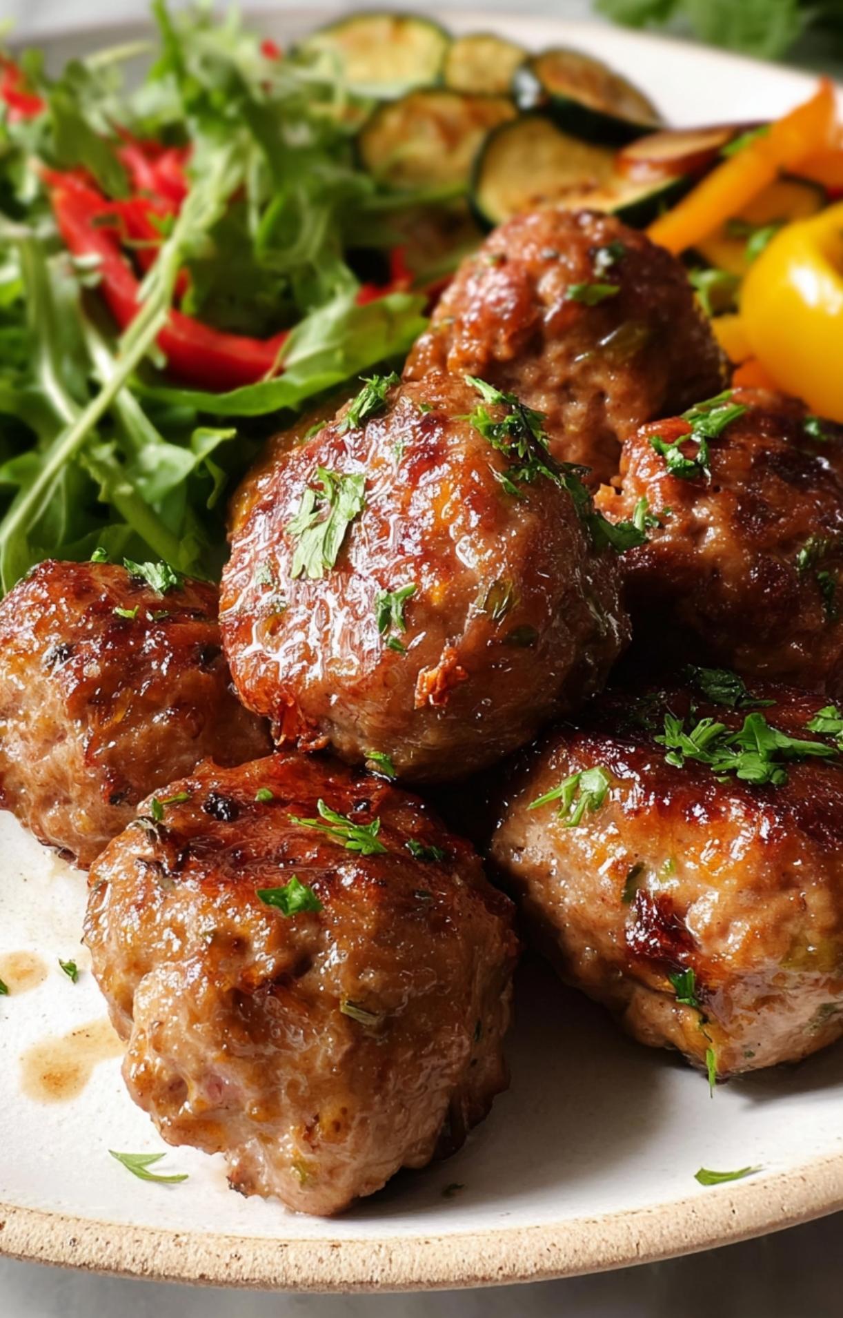 Close-up of cooked pork meatballs garnished with chopped parsley, served with a side of fresh arugula and roasted bell peppers on a white ceramic plate.