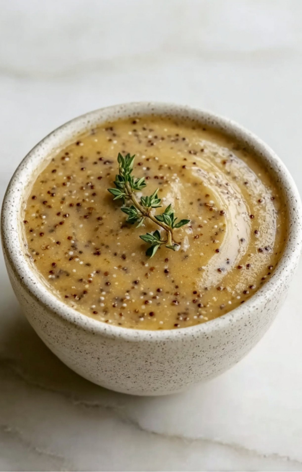 A stone-colored ceramic bowl filled with the finished emulsified dressing, garnished with a fresh sprig of thyme.