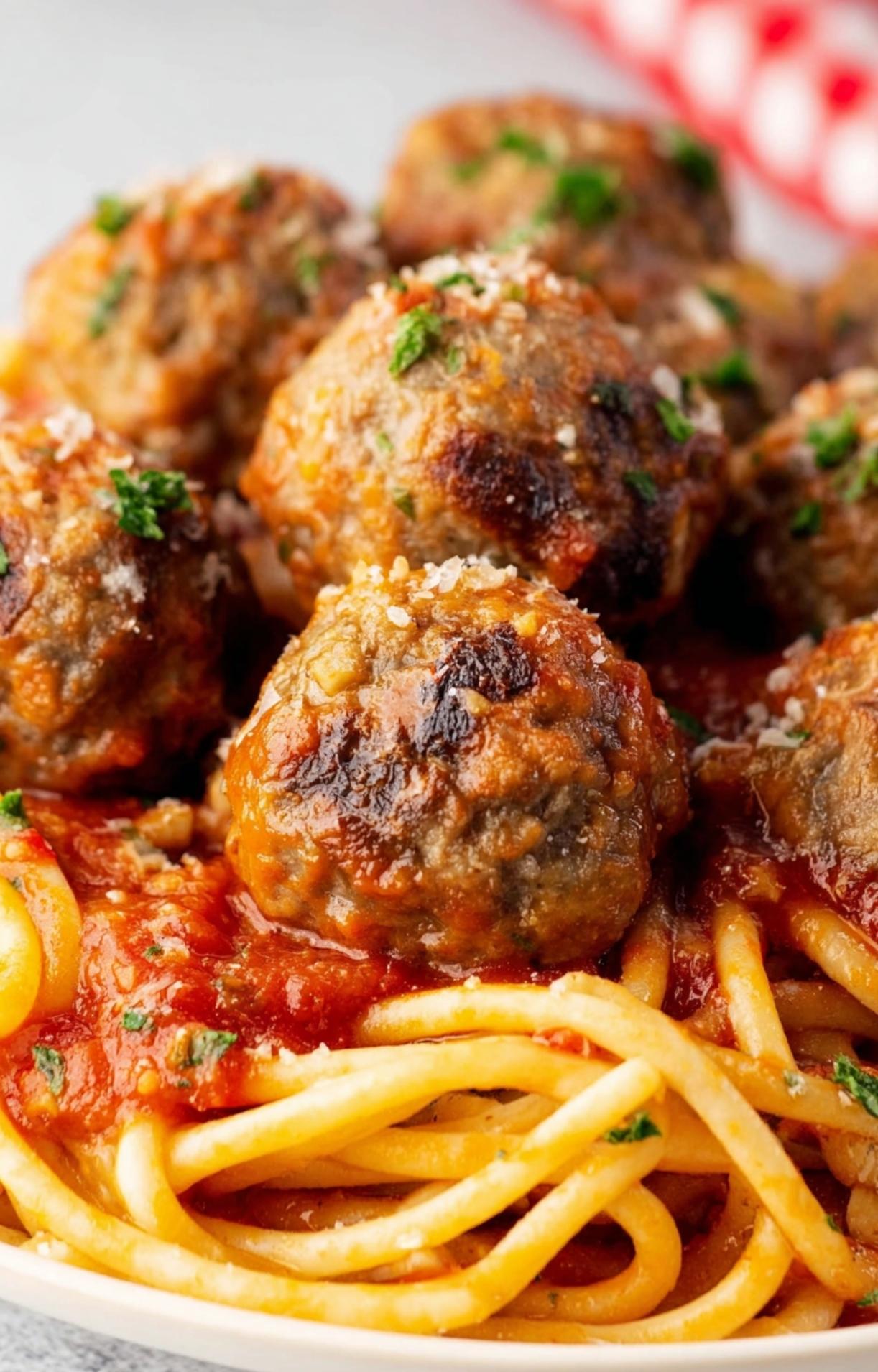 A detailed macro shot of air-fried meatballs nestled in red marinara sauce on top of a bed of pasta.