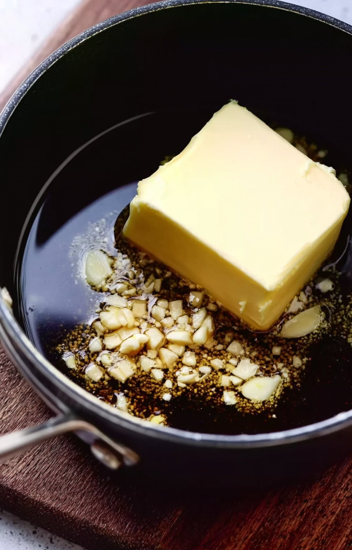 A small black saucepan containing a melting block of butter, minced garlic, and peppercorns for a flavorful prime rib binder.