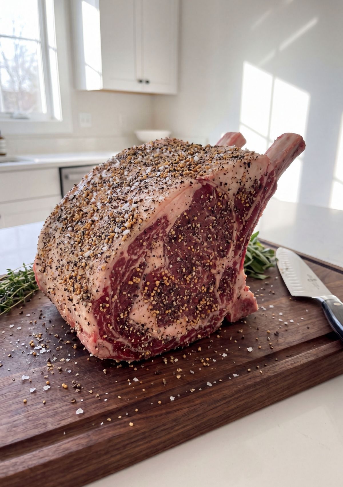 A side view of a thick-cut, bone-in standing rib roast heavily seasoned with a coarse rub of salt, pepper, and herbs on a wooden cutting board.
