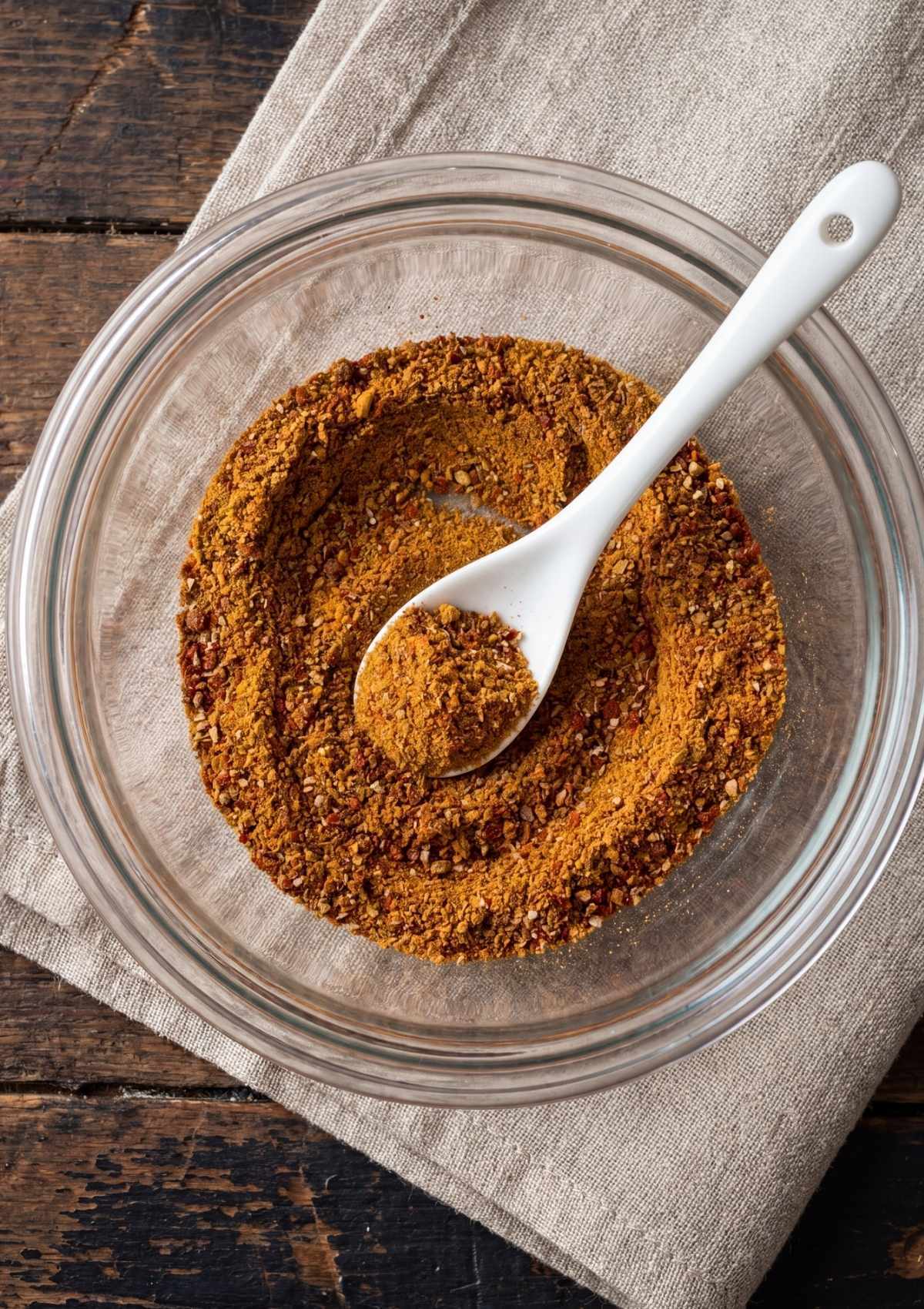 bowl of bbq dry rub seasoning mix ready for easy dry rub rib recipe pellet smoker