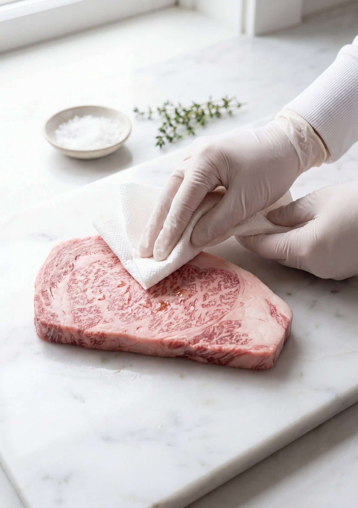 Japanese A5 wagyu beef recipe prepping steak by patting dry before cooking for perfect sear at home