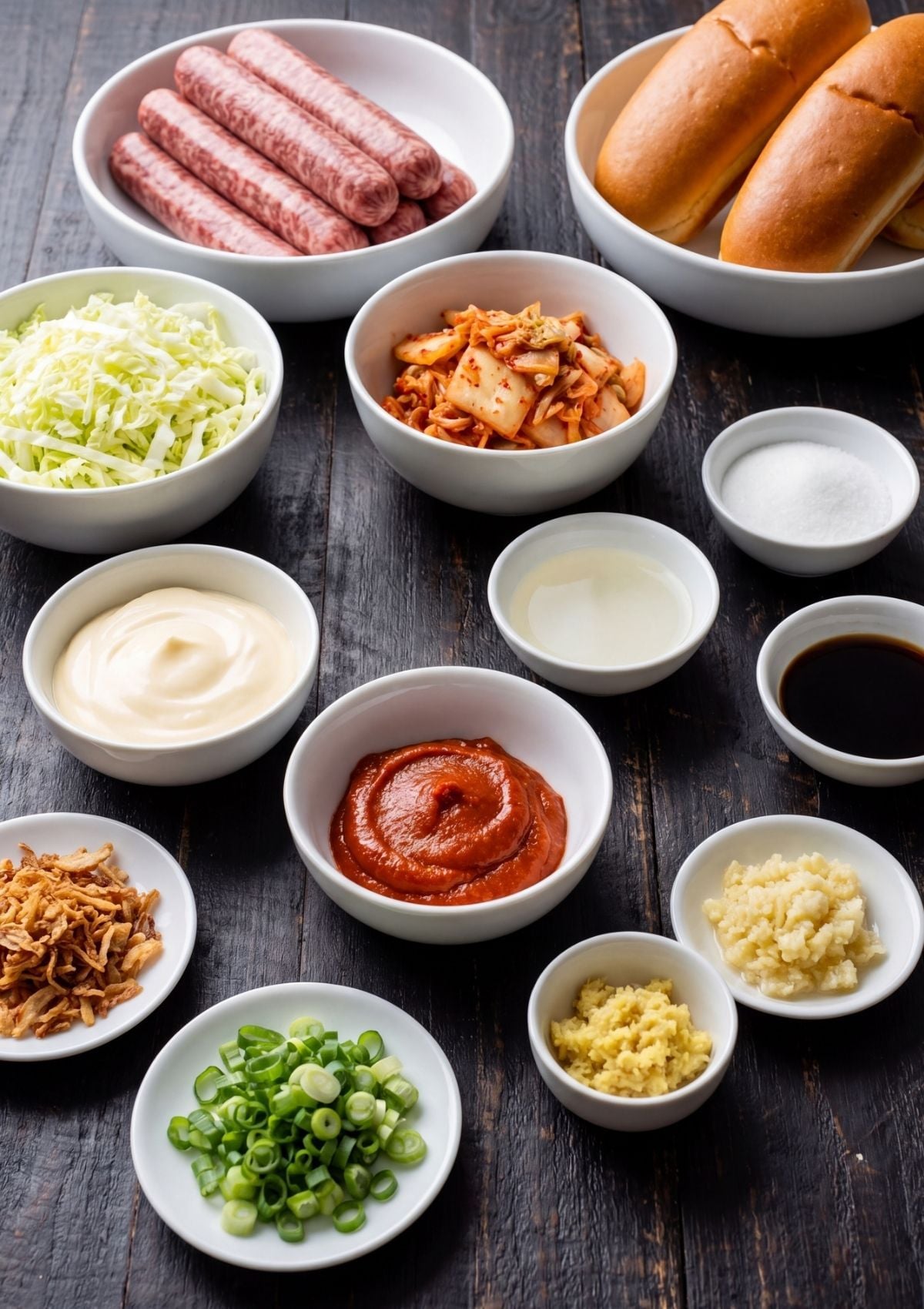 Wagyu beef hot dogs ingredients with kimchi cabbage sauce buns and toppings for easy homemade hot dog recipe