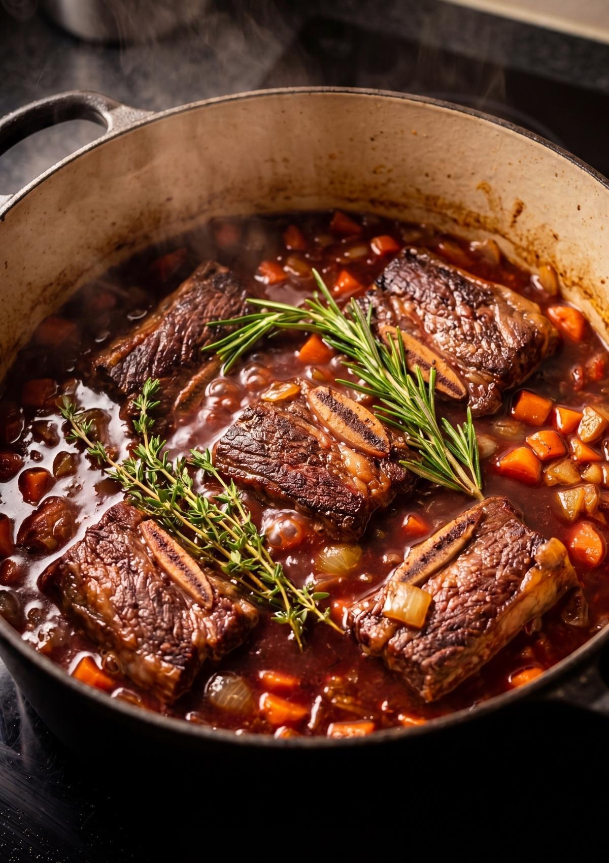 braised wagyu beef short ribs cooking in dutch oven with vegetables and rich broth