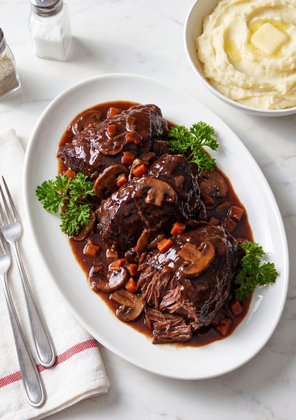 wagyu beef cheek recipe served with gravy vegetables and parsley on white plate