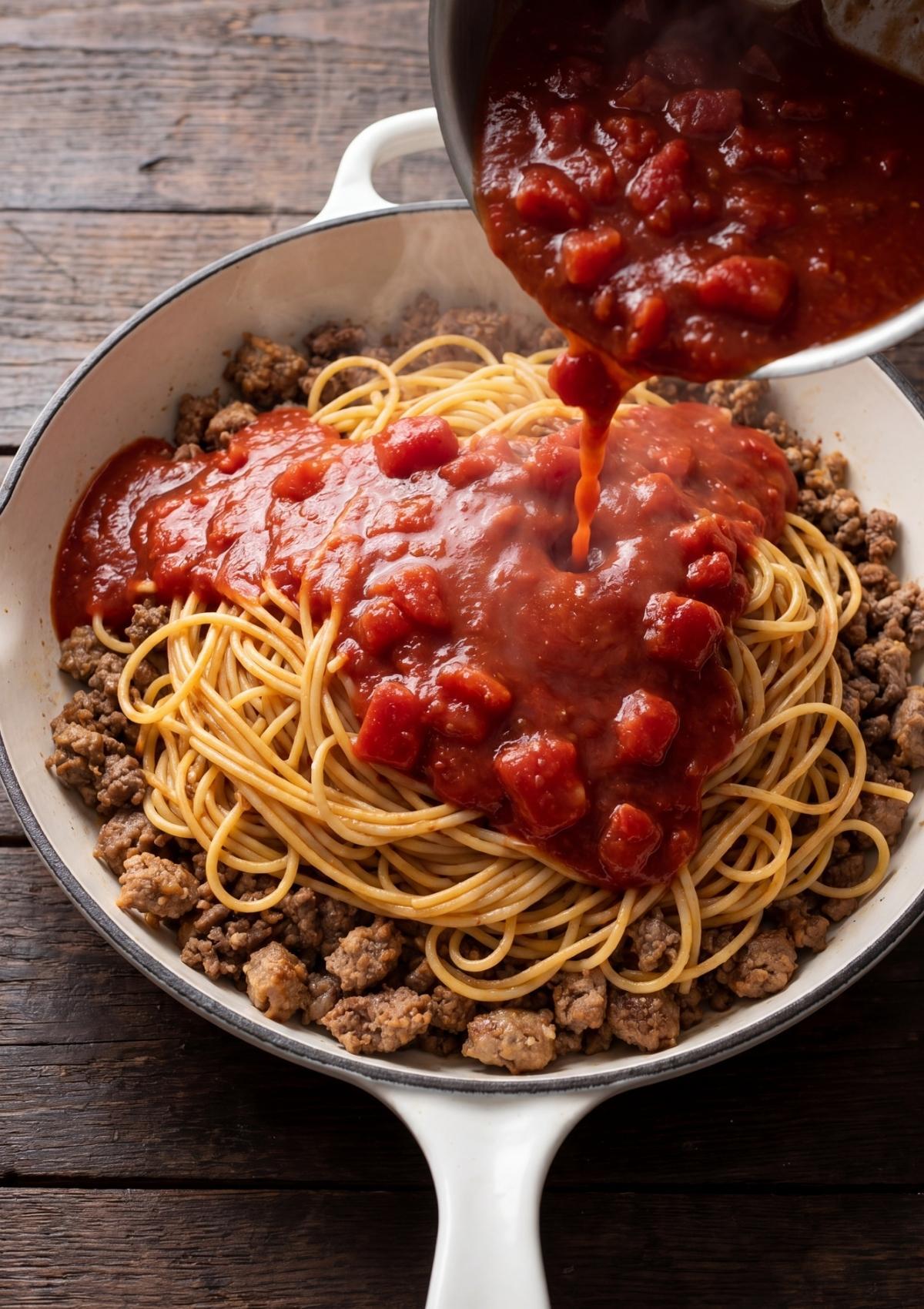 tomato sauce poured over spaghetti and beef in one pot cowboy spaghetti recipe