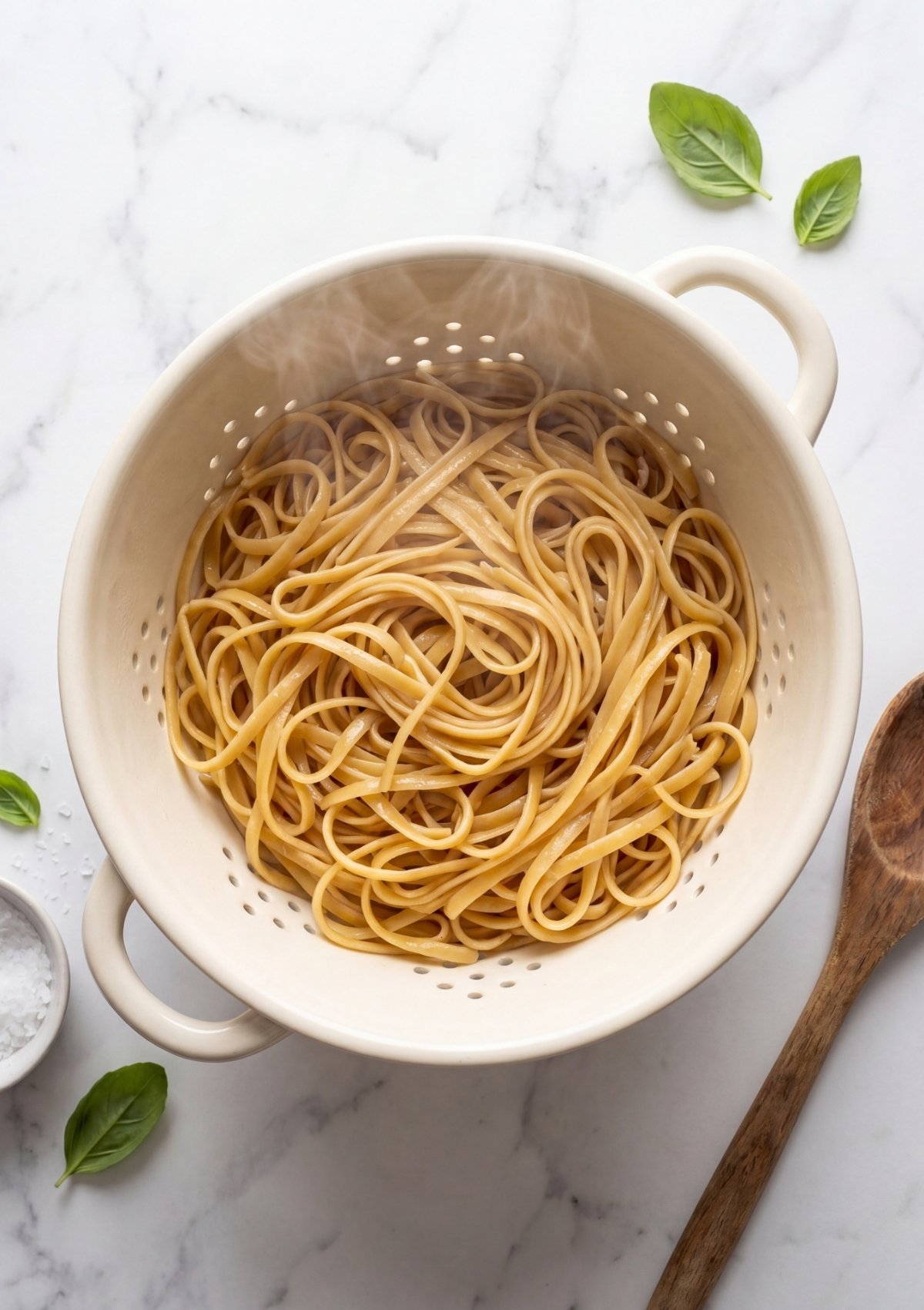 cooked spaghetti draining in colander for cowboy chicken spaghetti recipe preparation