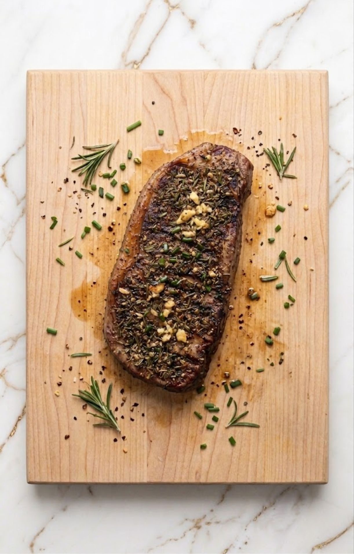 A perfectly grilled whole steak resting on a wooden cutting board, garnished with sprigs of fresh rosemary and chopped chives.