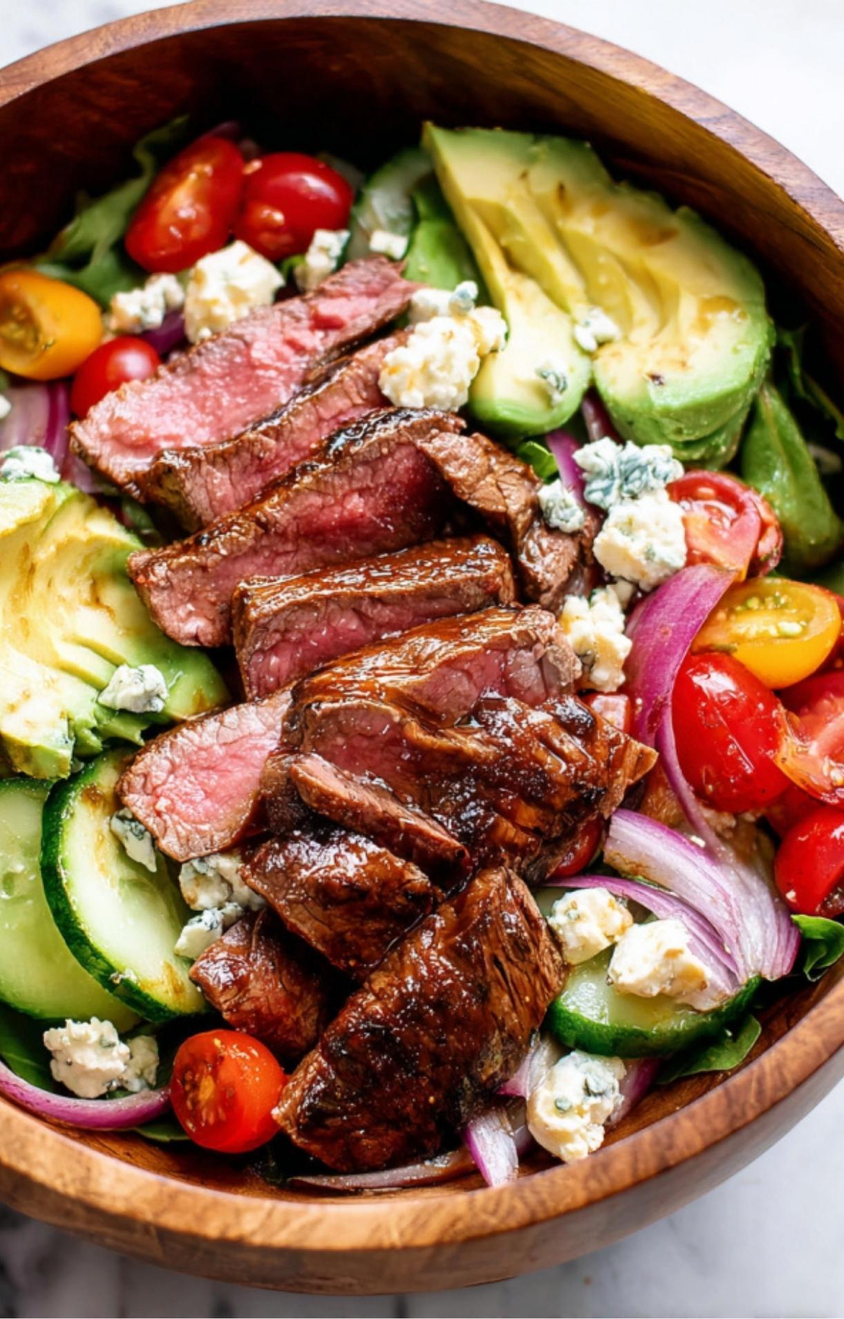 Slices of perfectly seared steak arranged in a wooden bowl with fresh salad components like avocado and tomatoes for a rustic Steak Salad Recipe.