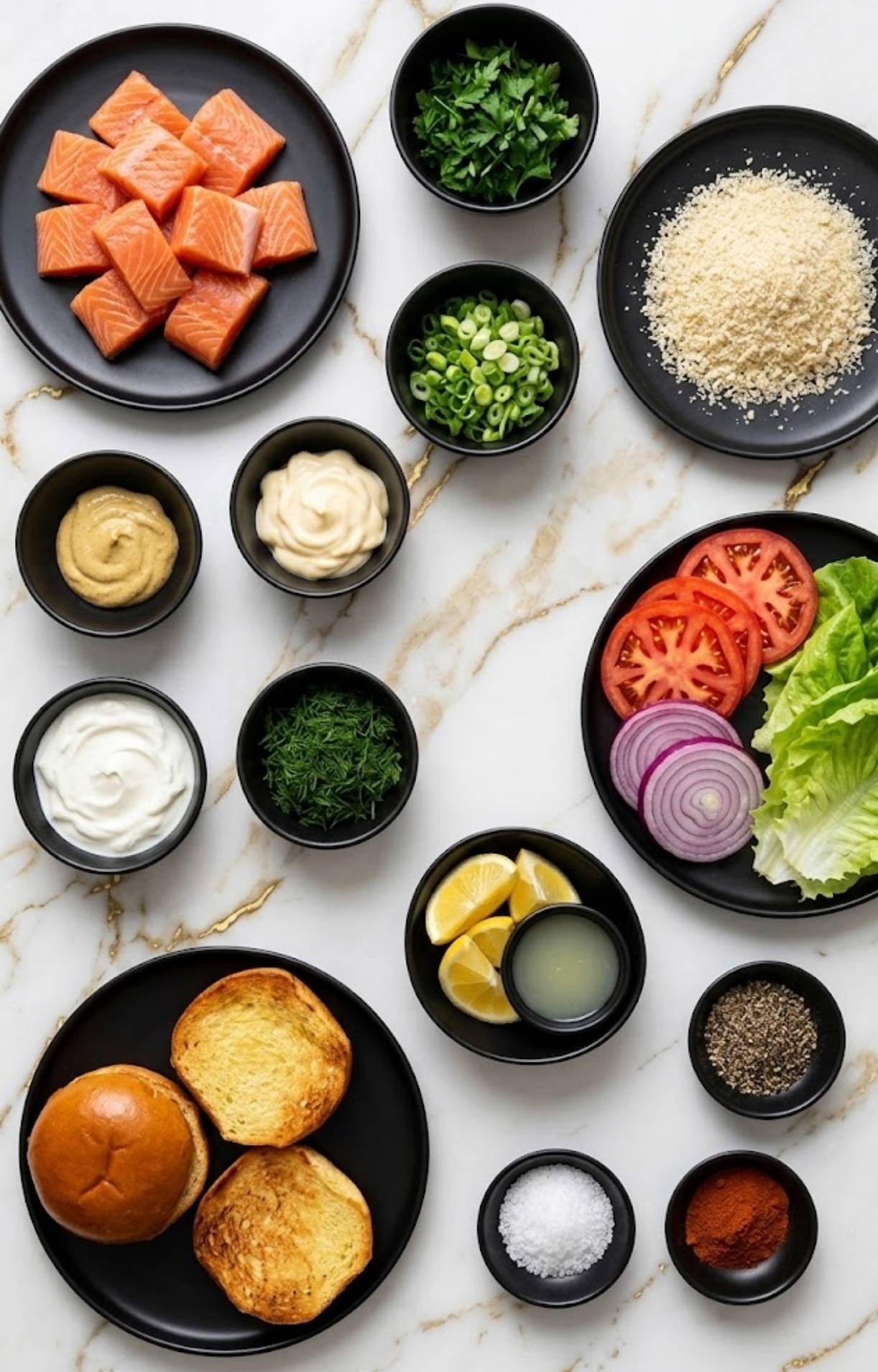 An overhead view of raw salmon cubes, panko breadcrumbs, fresh herbs, lemon, and burger fixings on a marble surface.