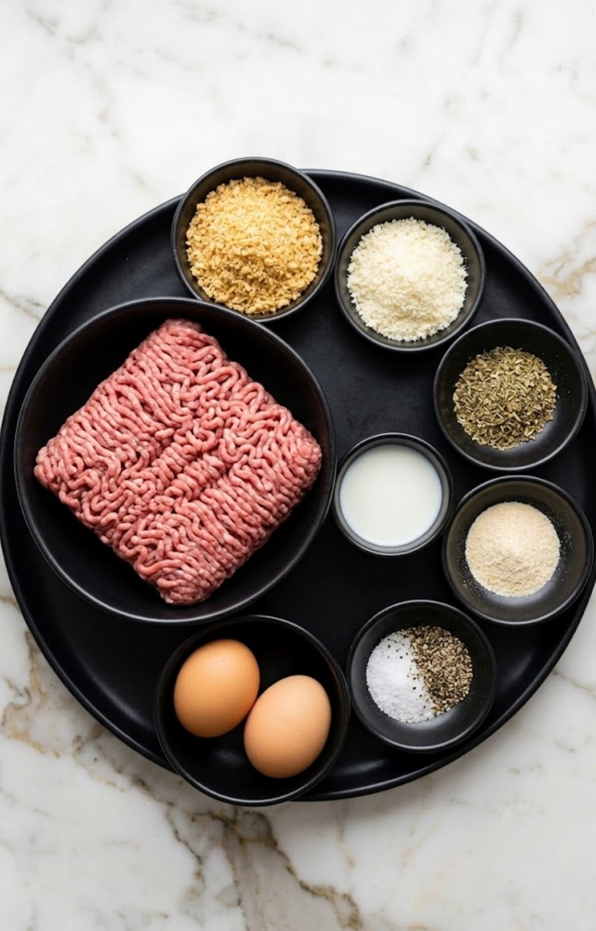 A black tray holding individual bowls of ground beef, breadcrumbs, parmesan, dried herbs, garlic powder, salt, pepper, milk, and two eggs.
