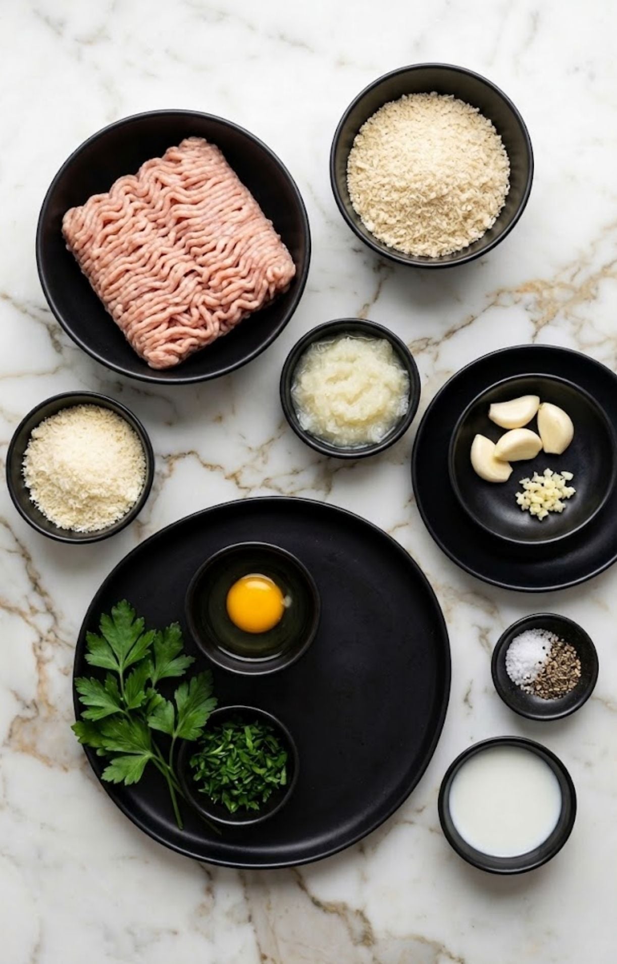 Flat lay of ground chicken, egg, breadcrumbs, garlic, herbs, and spices organized in black bowls on a marble surface.