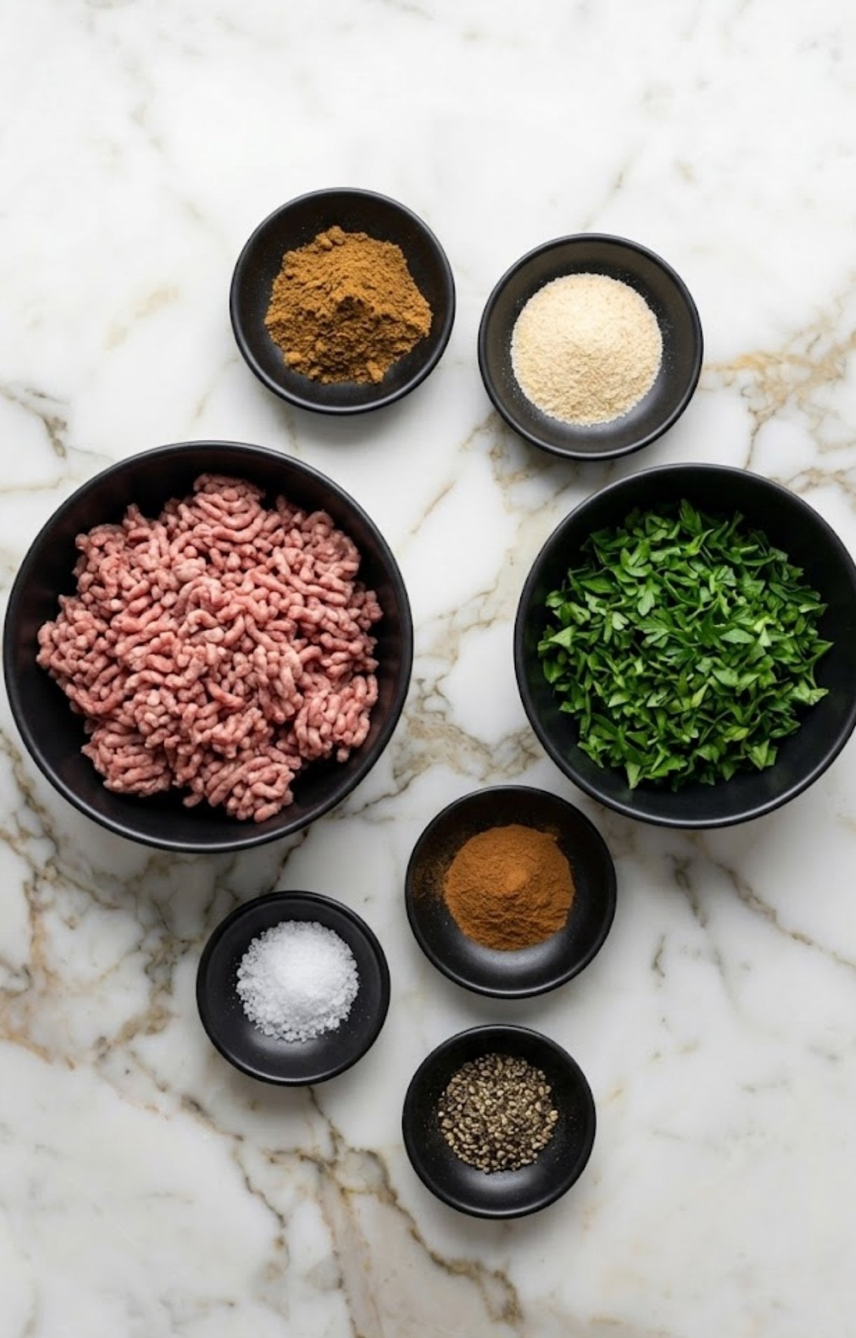 A top-down flat-lay of raw ground lamb, chopped parsley, and small bowls of spices including cumin, cinnamon, salt, and pepper on a marble background.