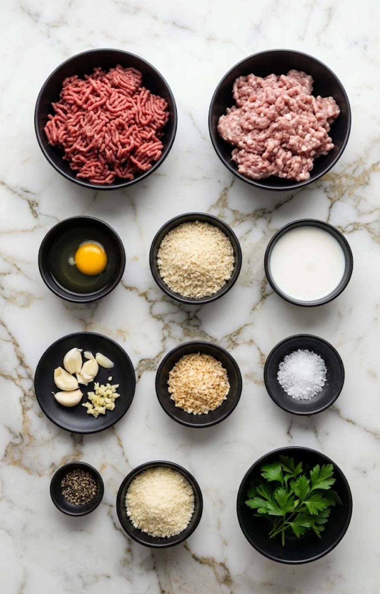 A top-down mise en place shot featuring ground beef, pork, egg, breadcrumbs, milk, garlic, onion flakes, salt, pepper, parmesan, and parsley.